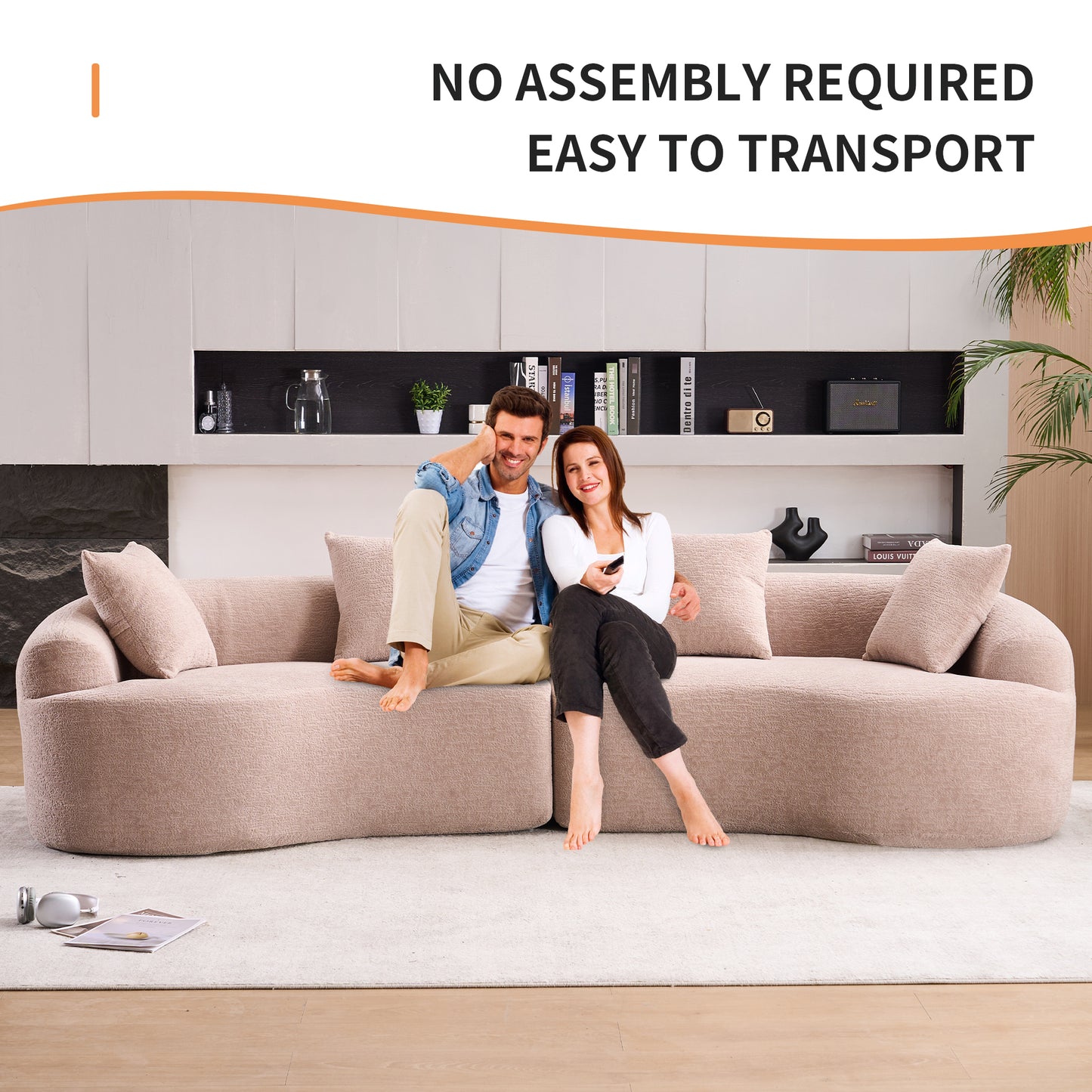 LY-025 Modular Sleeper Sectional Sofa, 4-Seater with Wood Grain Chenille Fabric, Warm Beige Convertible Sofa Bed, 30D High-Density Sponge Couch for Apartment & Living Room image 3