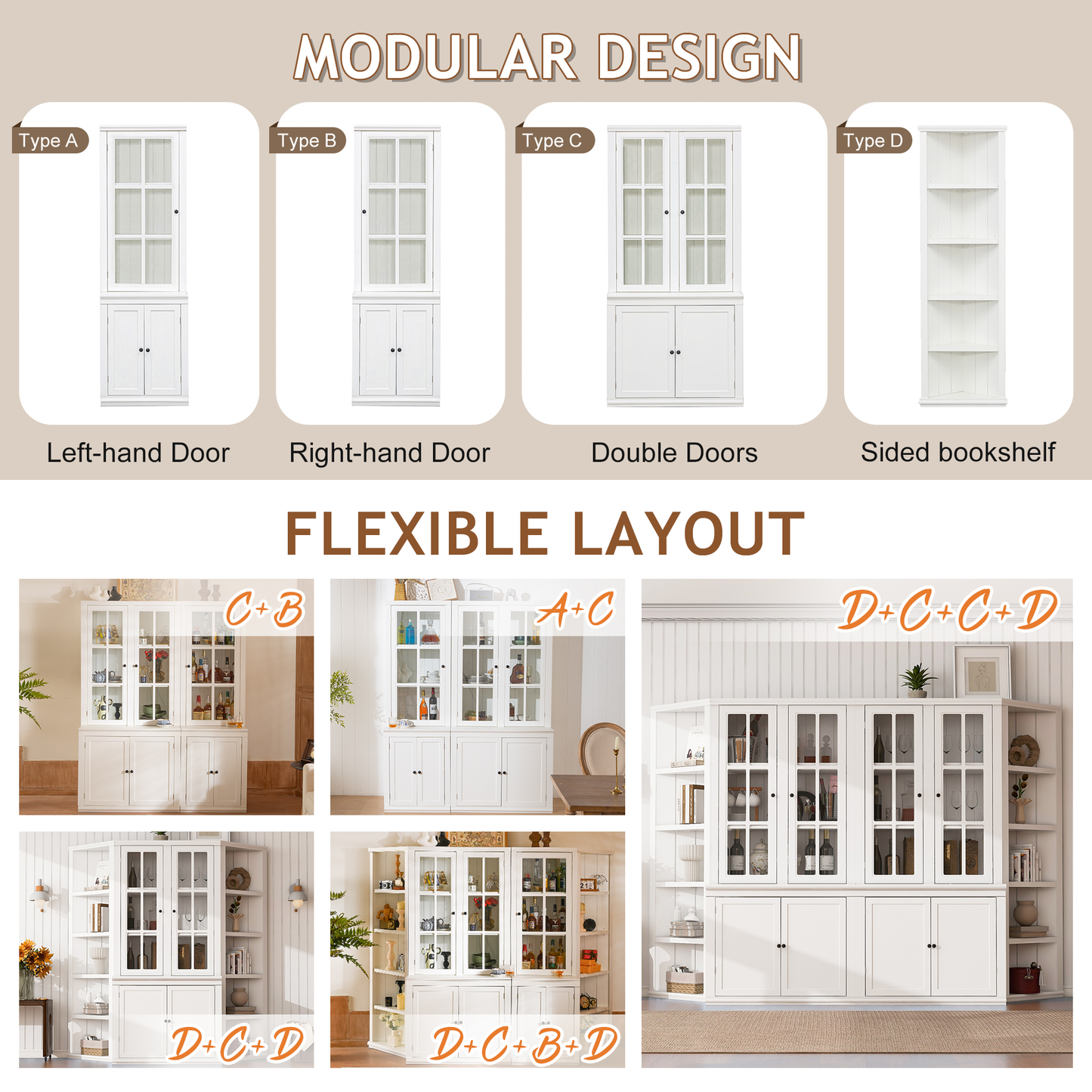 75.25'' Tall Freestanding Pantry Cabinet with Glass Door & Lattice Window, Farmhouse Display Cabinets with Storage, Hutch with Double-Action LH&RH Door, for Hallways, Livingroom Kitchen & Office,White image 3