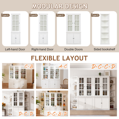 75.25'' Tall Freestanding Pantry Cabinet with Glass Door & Lattice Window, Farmhouse Display Cabinets with Storage, Hutch with Double-Action LH&RH Door, for Hallways, Livingroom Kitchen & Office,White image 3