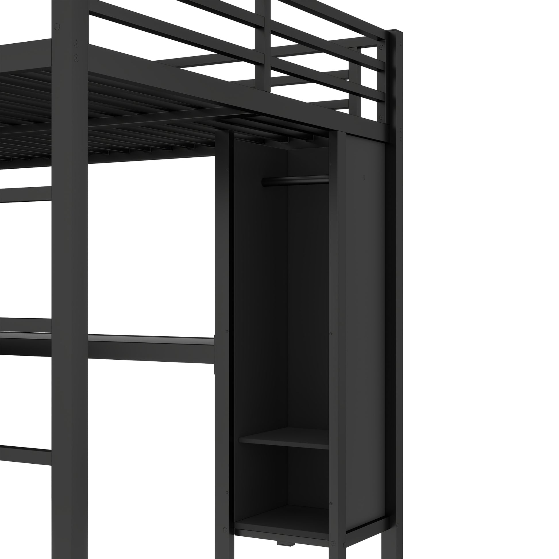 Metal Loft Bed with Wardrobe And L-shaped Desk, Queen Size Loft Bed with Storage Cubes and Shelves, Heavy Duty Loft Bed for Kids Teens Adults, Black image 9