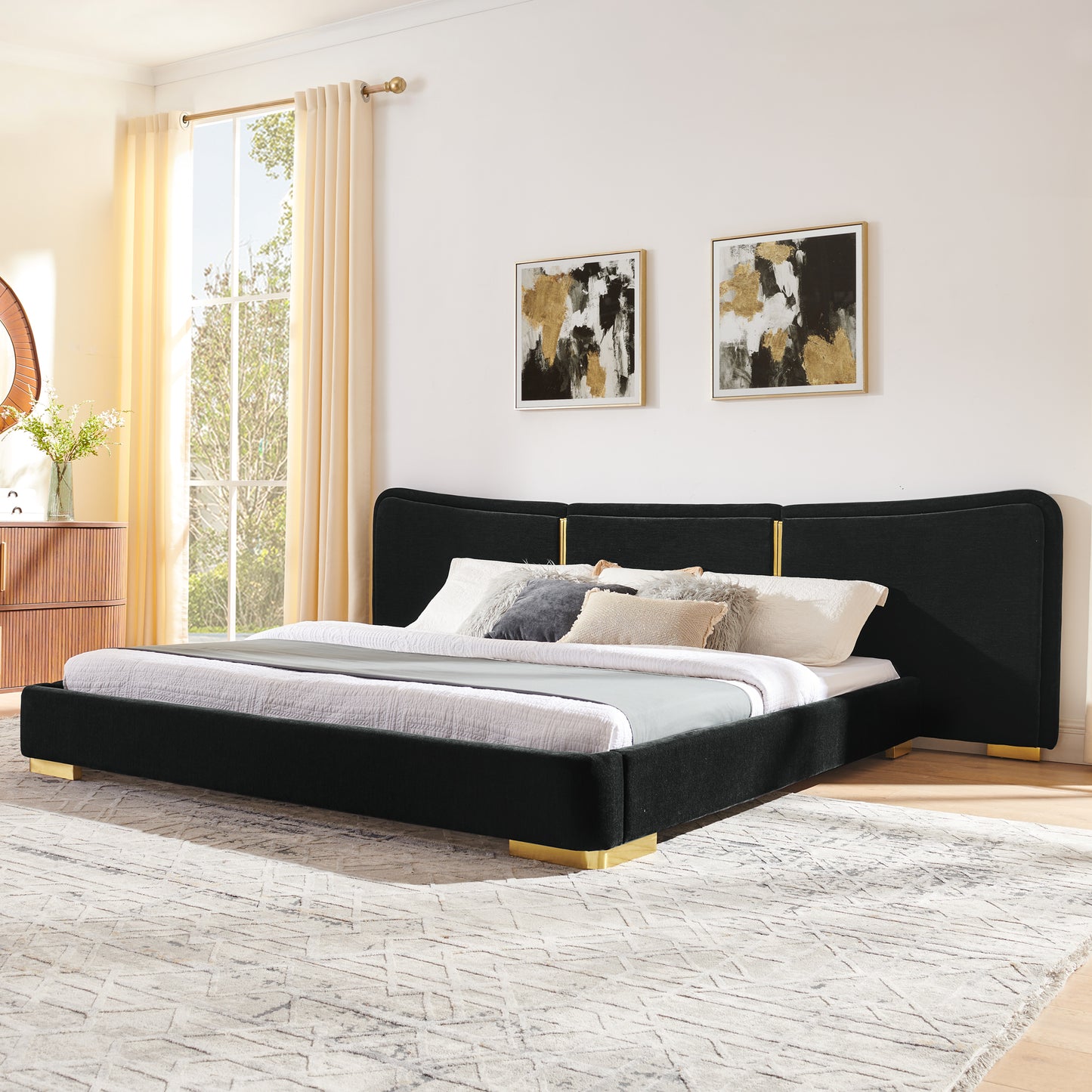 King Size Extra Large Platform Bed, Soft Chenille Fabric Frame, Curved Headboard, Reinforced Electroplated Metal Legs, Flexible DIY Side Space Design-Black image 1