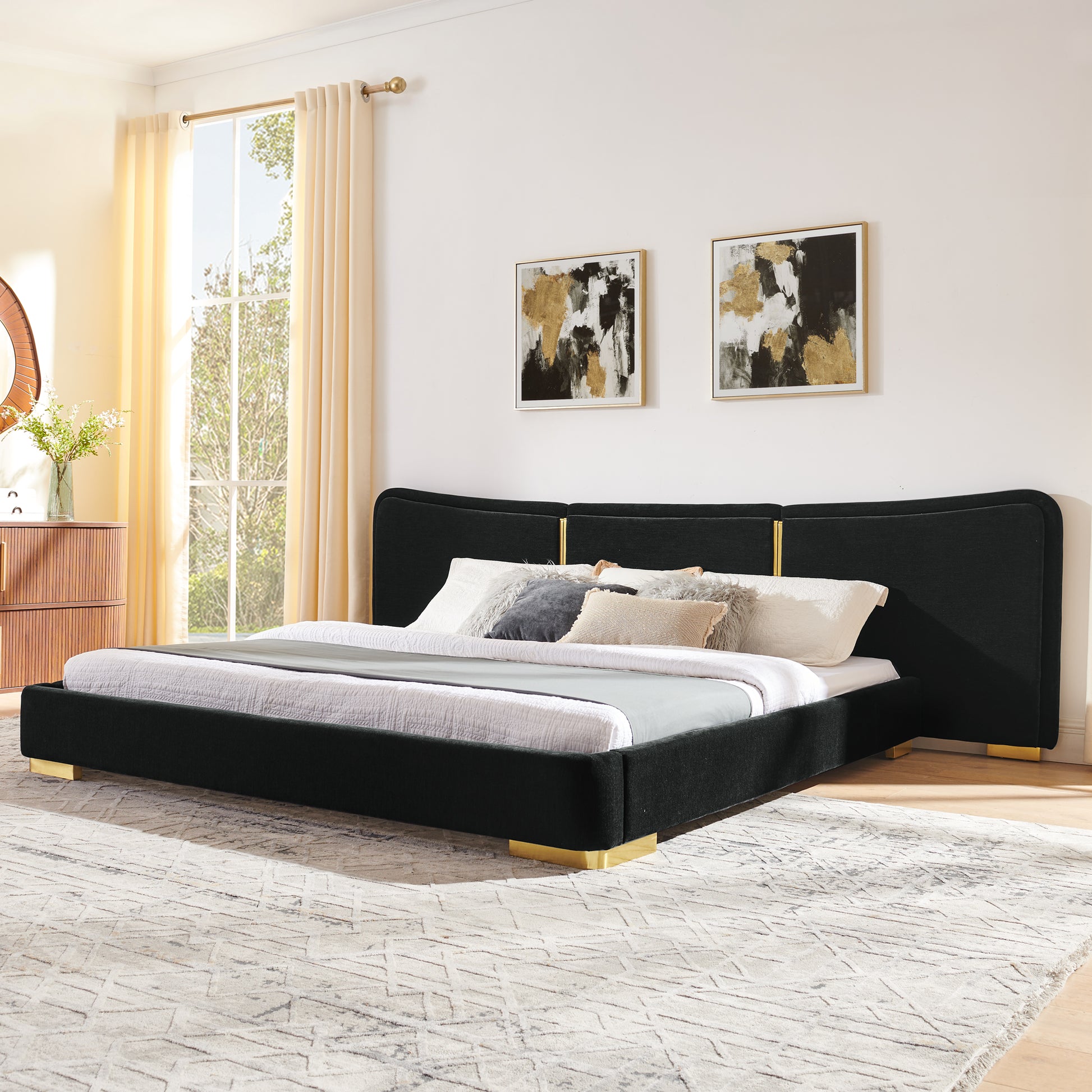 King Size Extra Large Platform Bed, Soft Chenille Fabric Frame, Curved Headboard, Reinforced Electroplated Metal Legs, Flexible DIY Side Space Design-Black image 1