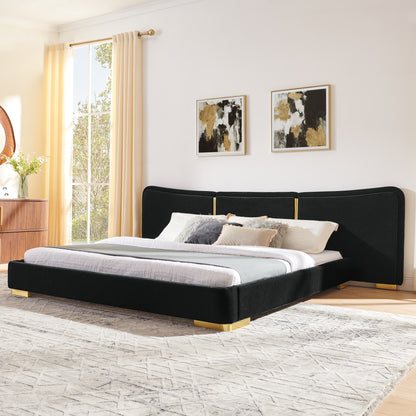King Size Extra Large Platform Bed, Soft Chenille Fabric Frame, Curved Headboard, Reinforced Electroplated Metal Legs, Flexible DIY Side Space Design-Black image 1