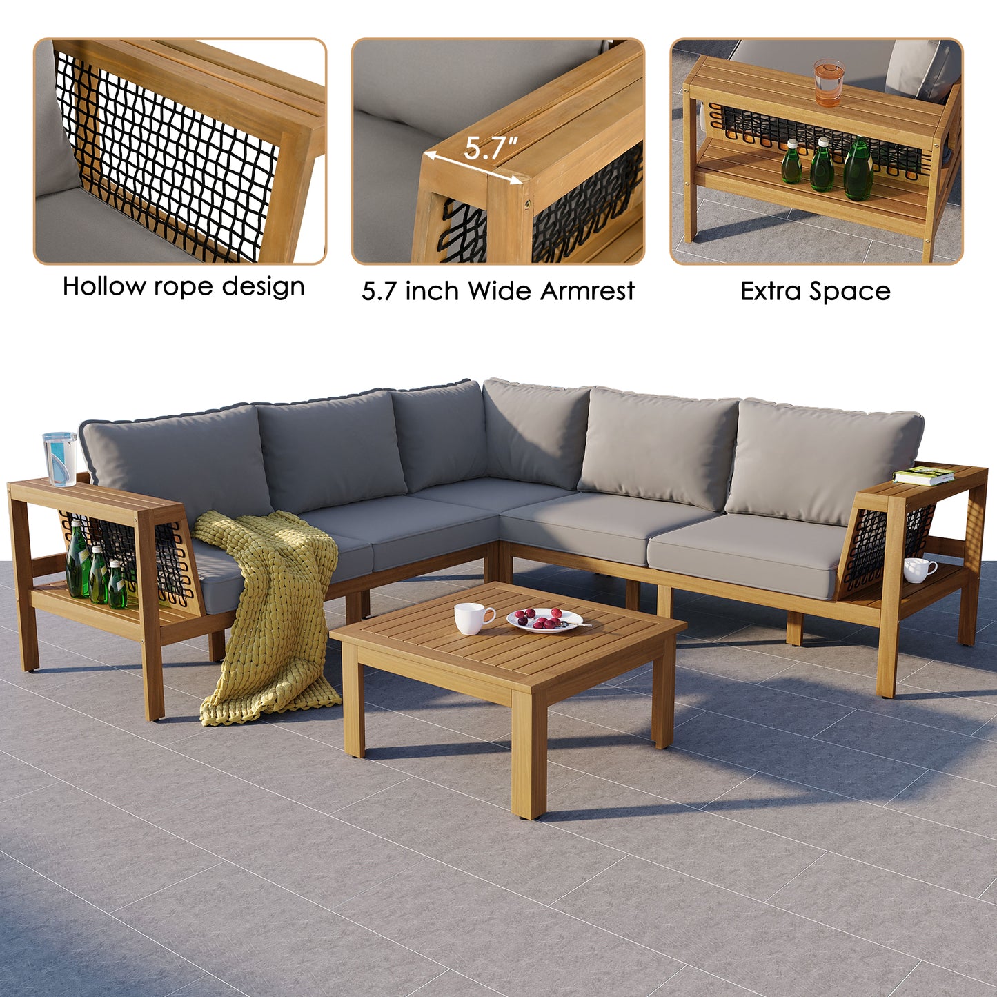 <Old SKU: N704G201249E> 4 Pieces Outdoor Acacia Wood Sofa Set, Woven Mesh Armrests, L-Shaped Patio Furniture Sofa Set with Coffee Table, Outdoor Conversation Set with Gray Cushions and Side Table image 6