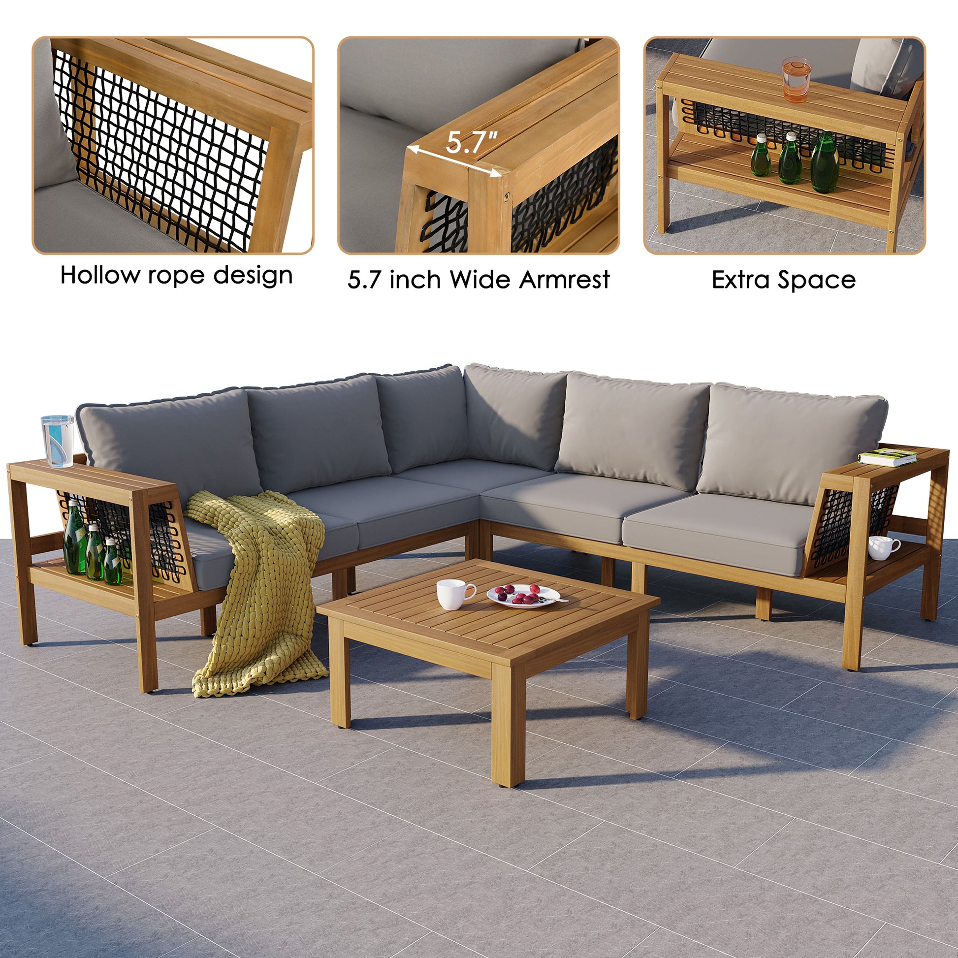 <Old SKU: N704G201249E> 4 Pieces Outdoor Acacia Wood Sofa Set, Woven Mesh Armrests, L-Shaped Patio Furniture Sofa Set with Coffee Table, Outdoor Conversation Set with Gray Cushions and Side Table image 6