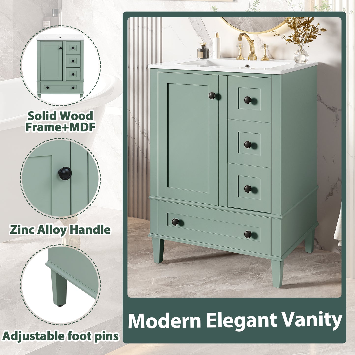 24-inch light green bathroom vanity with an integrated ceramic basin, featuring a door-mounted double-layer shelf, soft-close drawers, and a soft-close cabinet door image 7