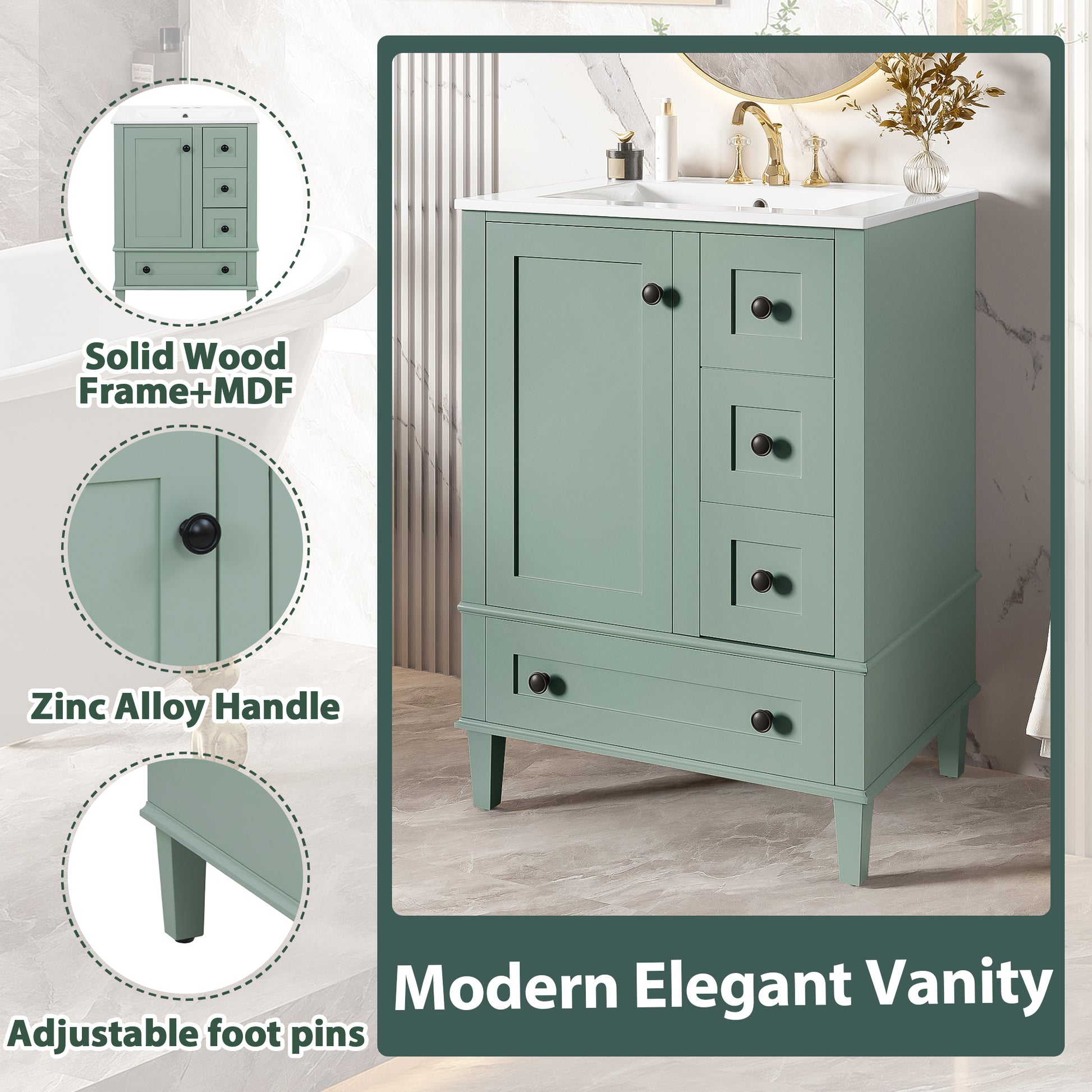 24-inch light green bathroom vanity with an integrated ceramic basin, featuring a door-mounted double-layer shelf, soft-close drawers, and a soft-close cabinet door image 7