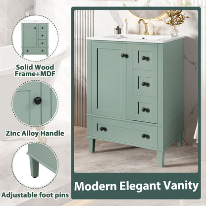 24-inch light green bathroom vanity with an integrated ceramic basin, featuring a door-mounted double-layer shelf, soft-close drawers, and a soft-close cabinet door image 7
