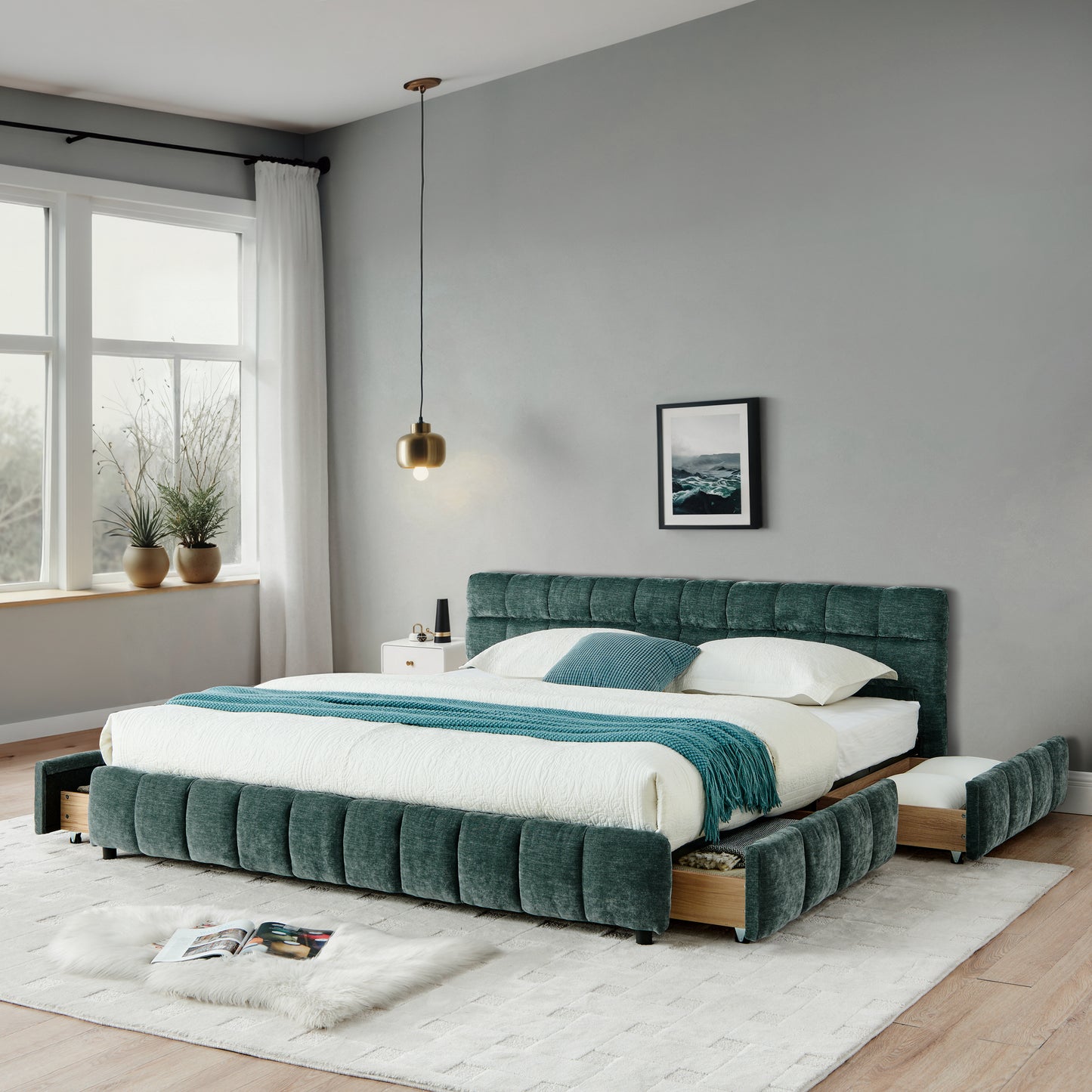 California King size Upholstered Bed,comfortable upholstered bed frame, Chenille fabric, with headboard and solid bed frame. With drawer for storage.-Blue Green(90.5''*80.5''*31'') image 2