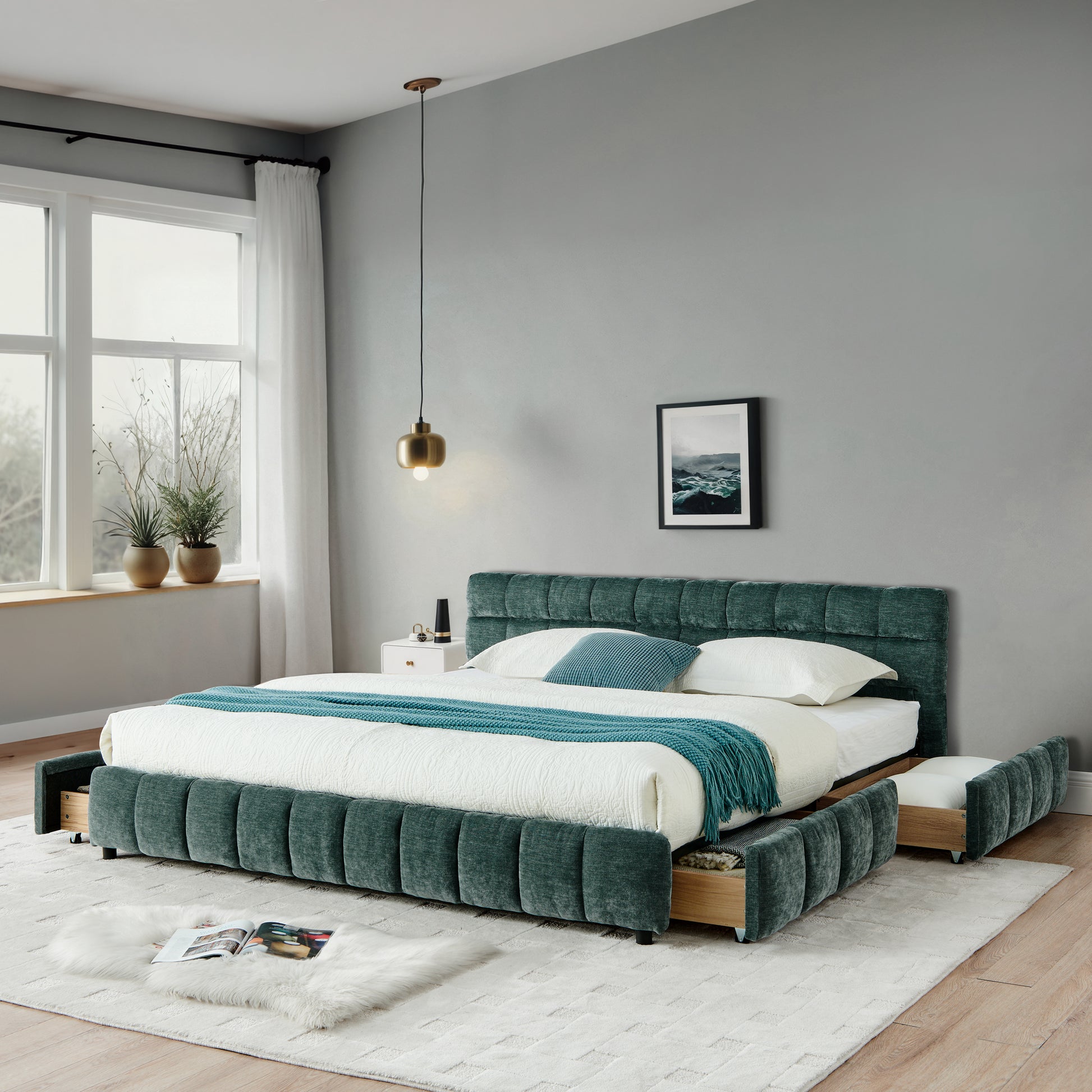 California King size Upholstered Bed,comfortable upholstered bed frame, Chenille fabric, with headboard and solid bed frame. With drawer for storage.-Blue Green(90.5''*80.5''*31'') image 2