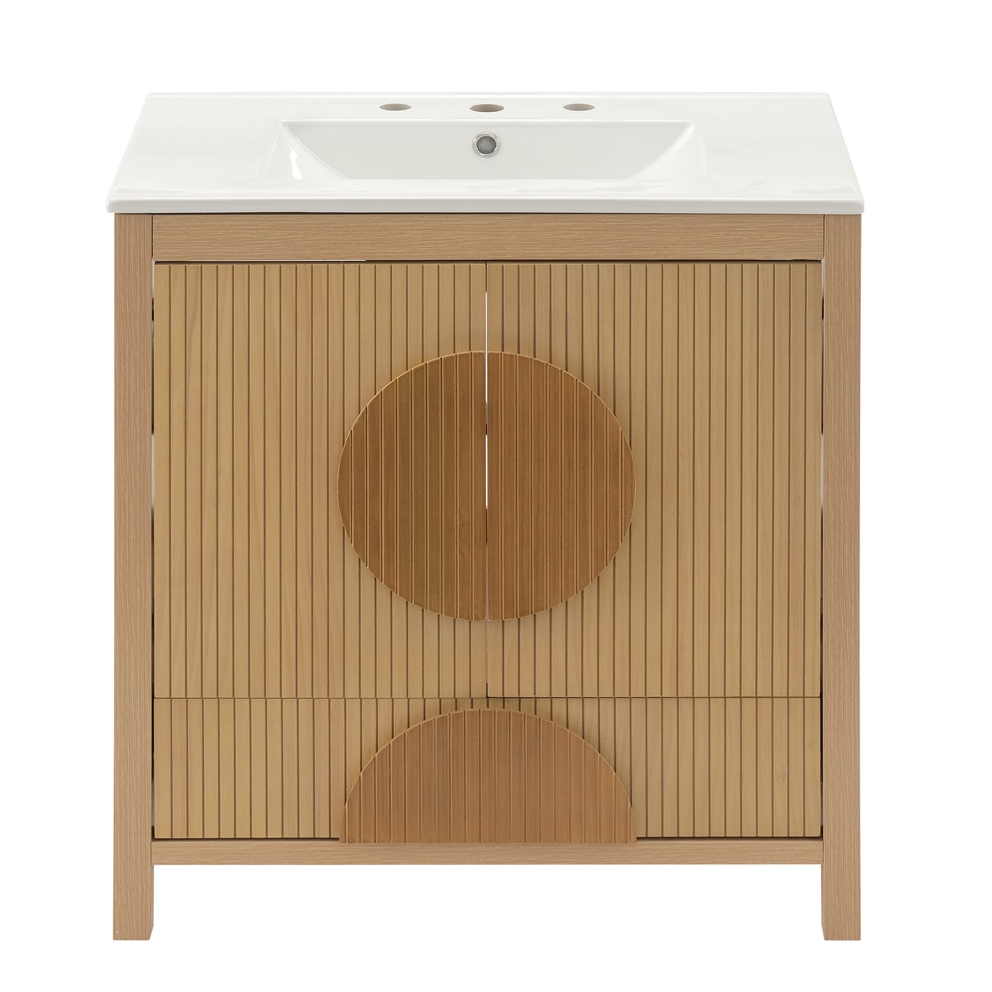 30 Inch Fluted Bathroom Vanity with Sink - Freestanding Modern Wood Cabinet with Soft-Close Doors, 1 Drawer & Open Storage, Decorative Circular Accent, Solid Wood & MDF Build, image 10