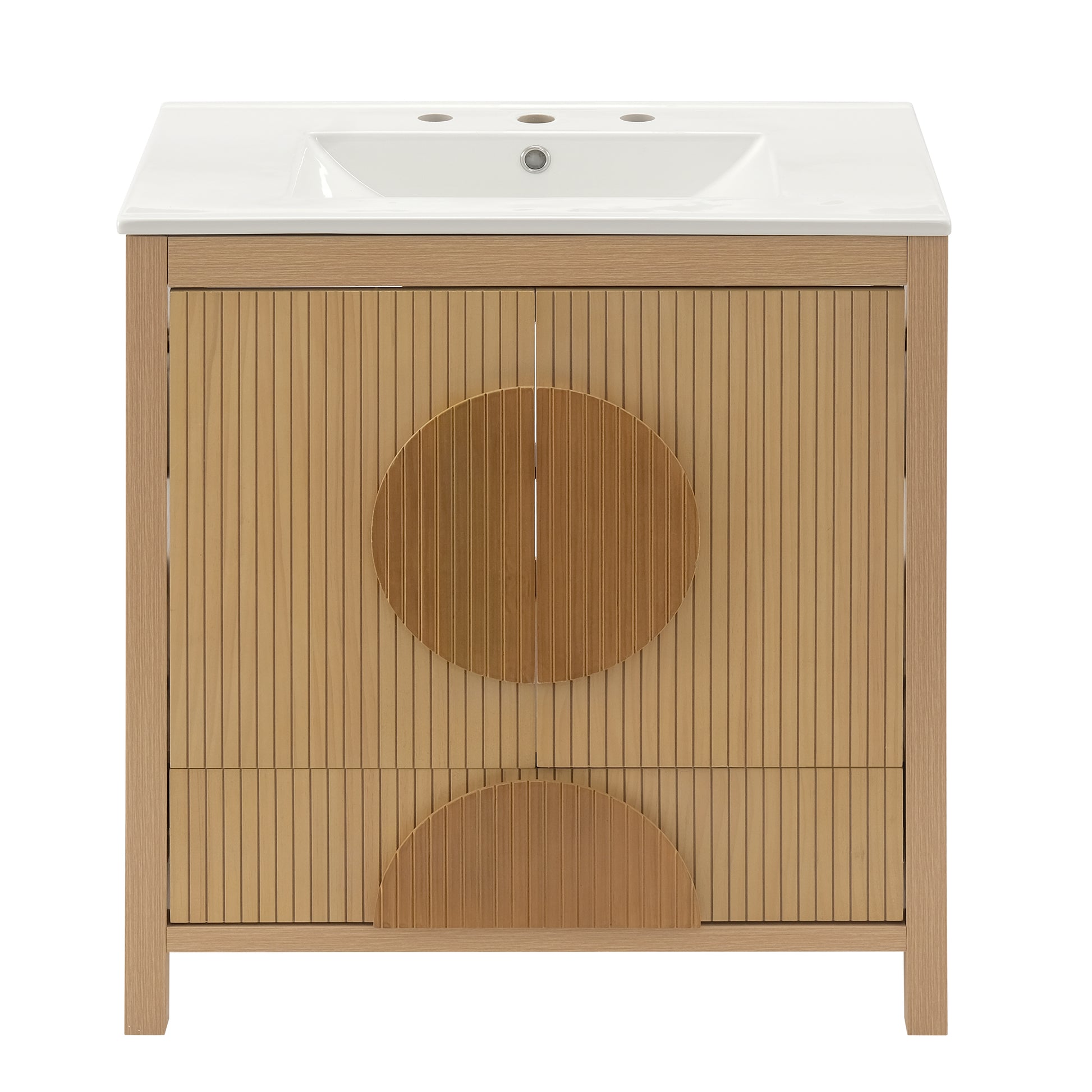 30 Inch Fluted Bathroom Vanity with Sink - Freestanding Modern Wood Cabinet with Soft-Close Doors, 1 Drawer & Open Storage, Decorative Circular Accent, Solid Wood & MDF Build, image 10