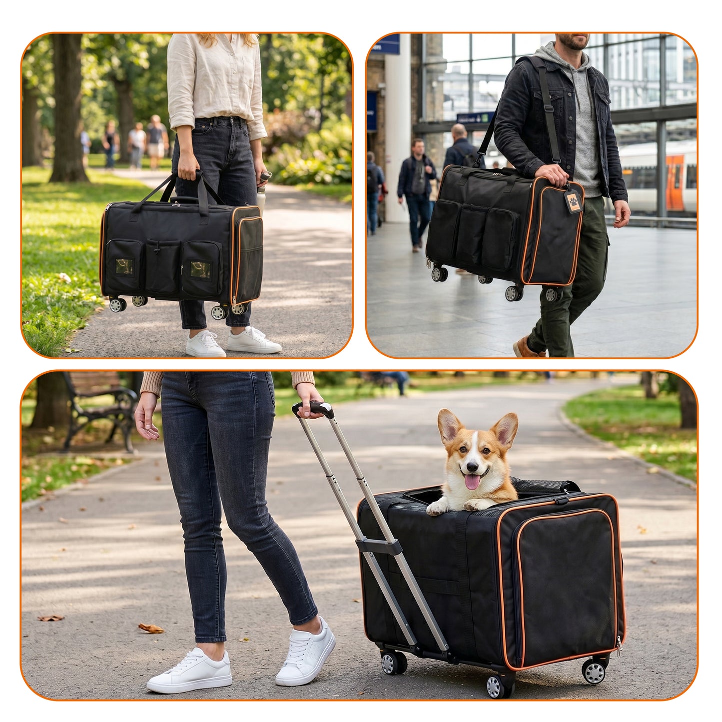 2 in 1 Large Cat Carrier for 2 Cats, Rolling Pet Carrier with Wheels, Expandable Foldable Double Pet Carrier with Removable Divider, Breathable Mesh Oxford, Cat Travel Crate for Car/Camping/Vet, Black image 3