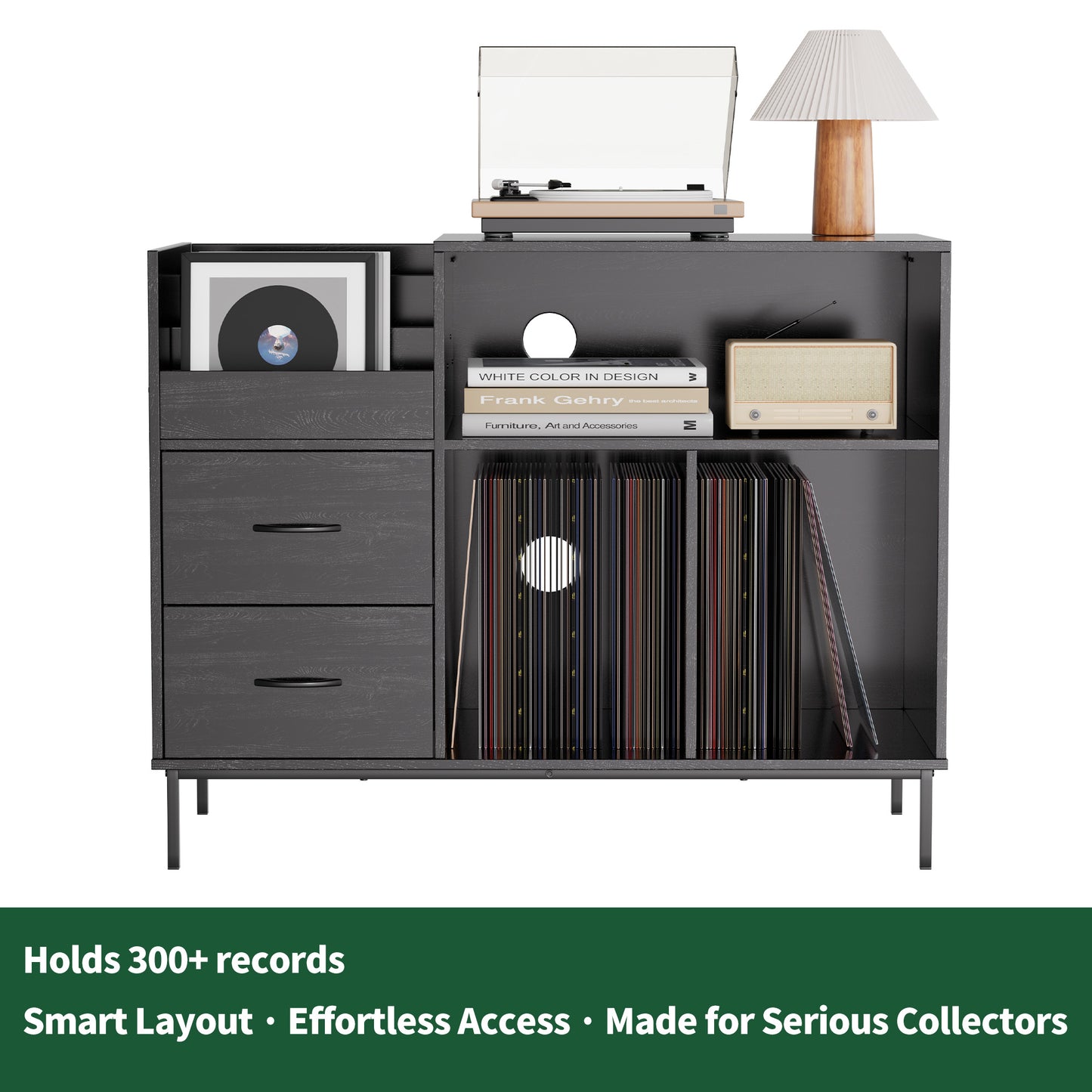 Eco-Friendly Record Player Stand with Flip-Top - Wood Vinyl Storage Cabinet with 2-Outlet Power Strip, Drawers & Dustproof Cubbies, Media Console for Living Room/Study, Black image 3