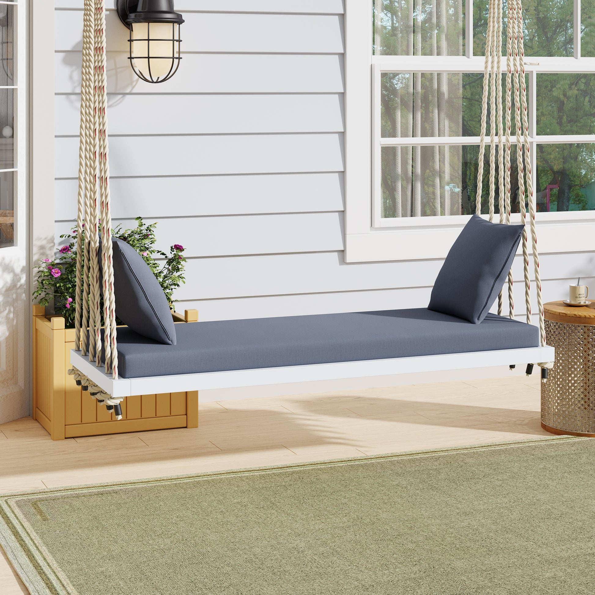 TOPMAX Patio Wooden Swing Chair, Hanging Porch Swing Bench with Cushion&Pillows, 10.8Ft Hemp Ropes for Garden,Backyard, Lawn,White image 1