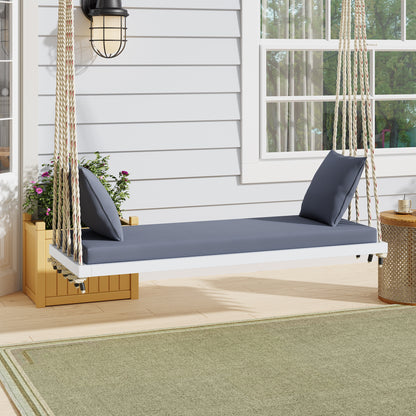 TOPMAX Patio Wooden Swing Chair, Hanging Porch Swing Bench with Cushion&Pillows, 10.8Ft Hemp Ropes for Garden,Backyard, Lawn,White image 1