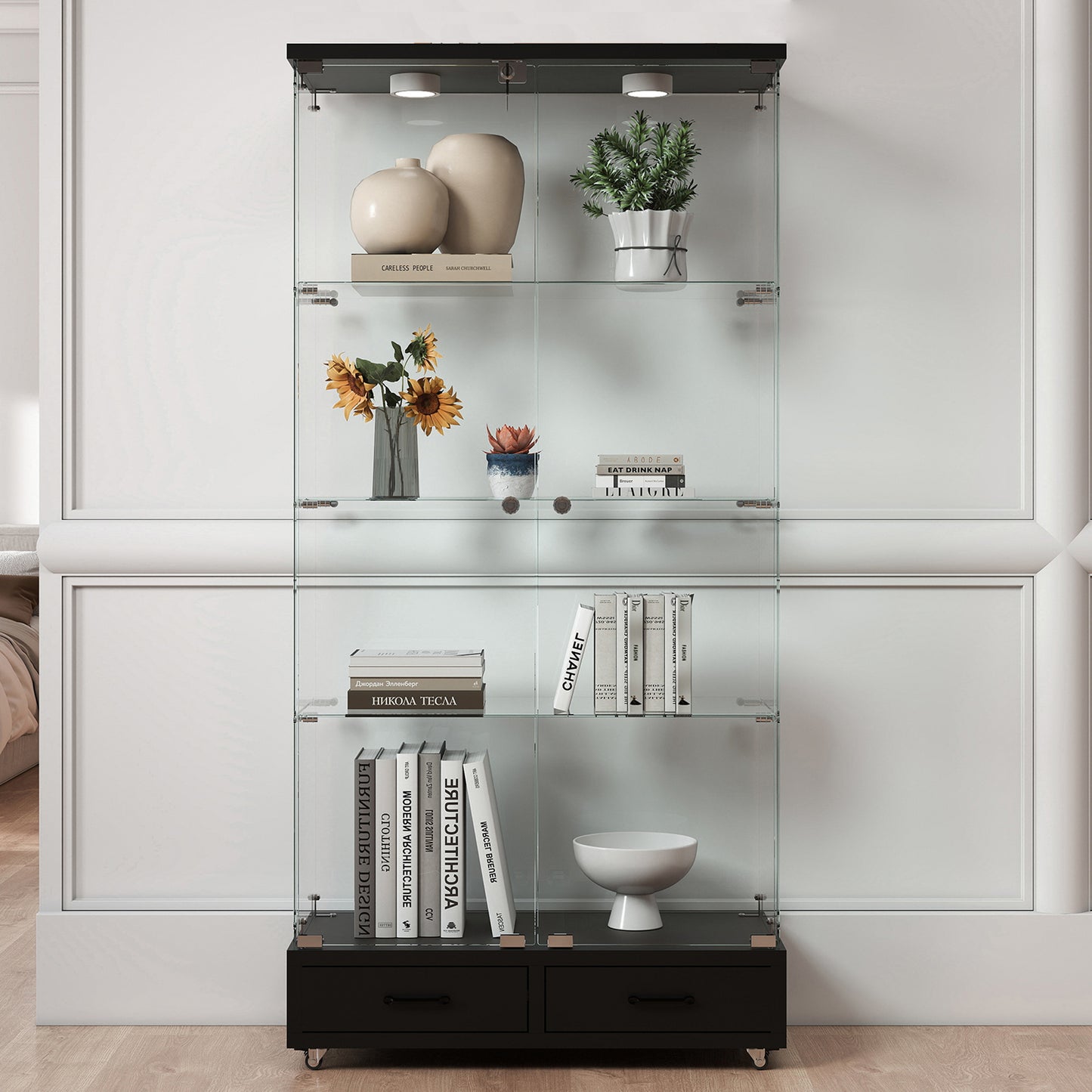 Modern Glass Display Cabinet with 2 Large Drawers, Quick-assembly Antique Cabinet with LED lights, Tempered Glass Bookshelf, 2-Door Storage Case with 4 Shelves for Living Room and Bedroom, black image 6