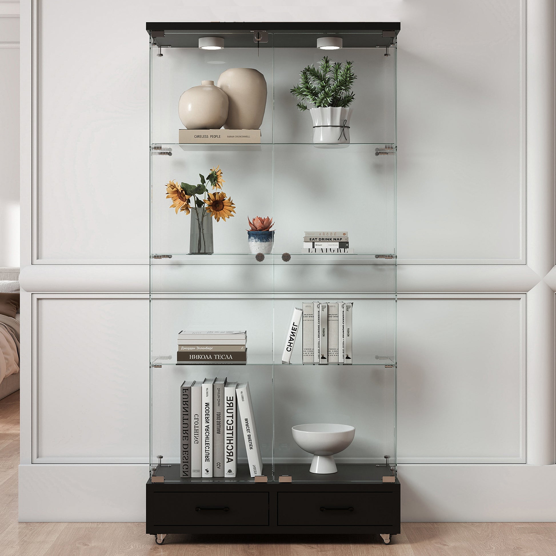 Modern Glass Display Cabinet with 2 Large Drawers, Quick-assembly Antique Cabinet with LED lights, Tempered Glass Bookshelf, 2-Door Storage Case with 4 Shelves for Living Room and Bedroom, black image 6