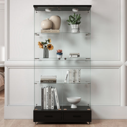 Modern Glass Display Cabinet with 2 Large Drawers, Quick-assembly Antique Cabinet with LED lights, Tempered Glass Bookshelf, 2-Door Storage Case with 4 Shelves for Living Room and Bedroom, black image 6