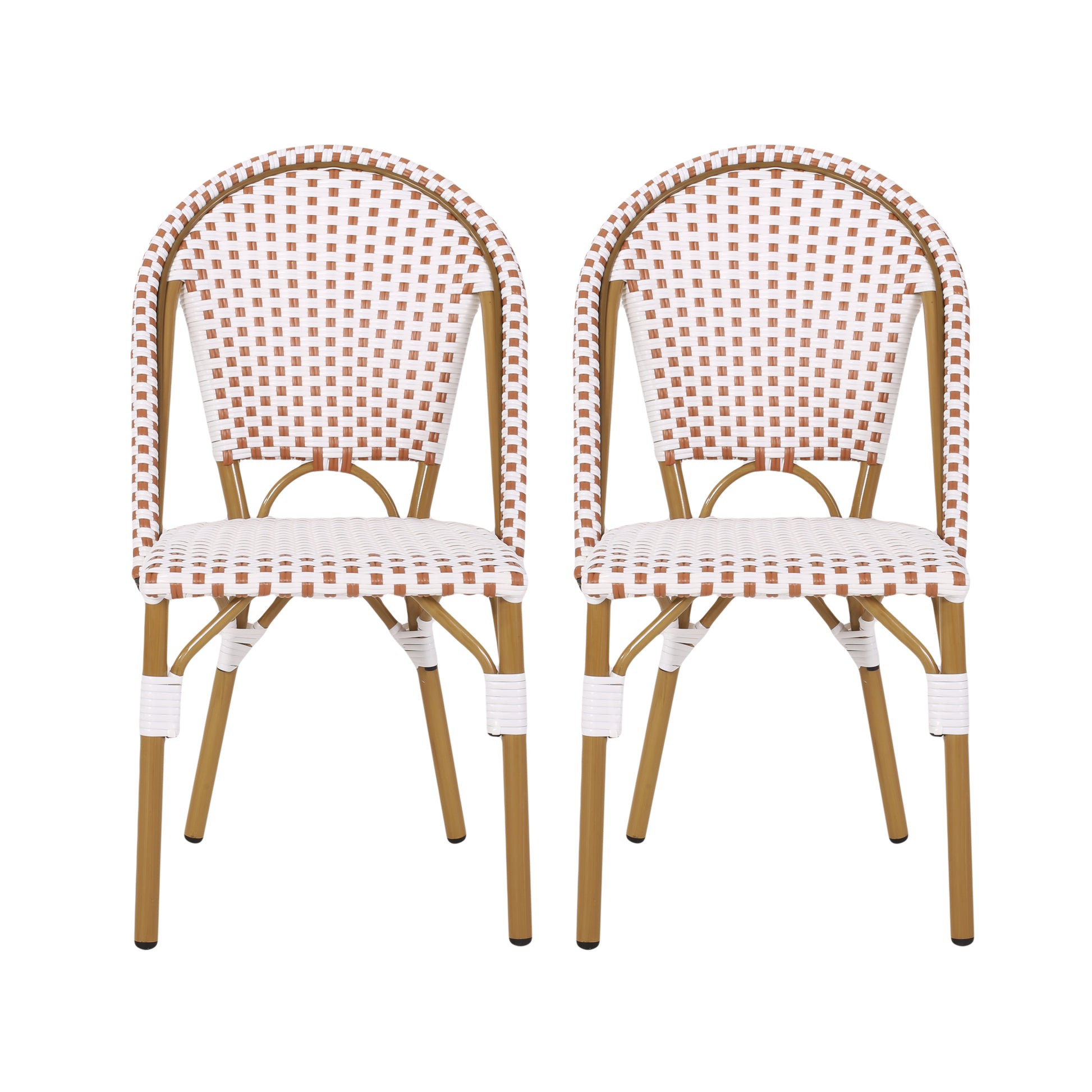 Outdoor PE Ratten and Aluminum French Bistro Chairs, Set of 2, Rusted Red & White, Bamboo Print Finish image 5