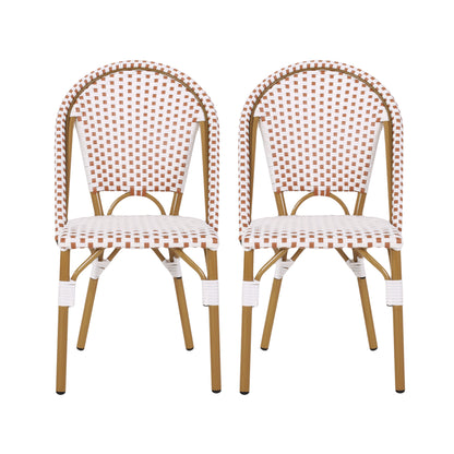 Outdoor PE Ratten and Aluminum French Bistro Chairs, Set of 2, Rusted Red & White, Bamboo Print Finish image 5