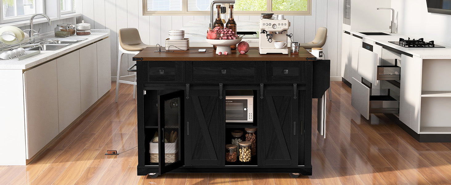 K&K 58" Farmhouse Kitchen Island with Storage, Sliding Barn Door & Metal Grid Side Door, Rolling Kitchen Island on 5 Wheels with Spice Rack, Glass Holders,Island Table with Drop Leaf for Kitchen,Black image 3