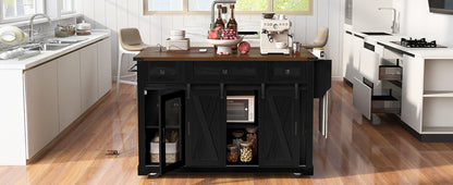 K&K 58" Farmhouse Kitchen Island with Storage, Sliding Barn Door & Metal Grid Side Door, Rolling Kitchen Island on 5 Wheels with Spice Rack, Glass Holders,Island Table with Drop Leaf for Kitchen,Black image 3