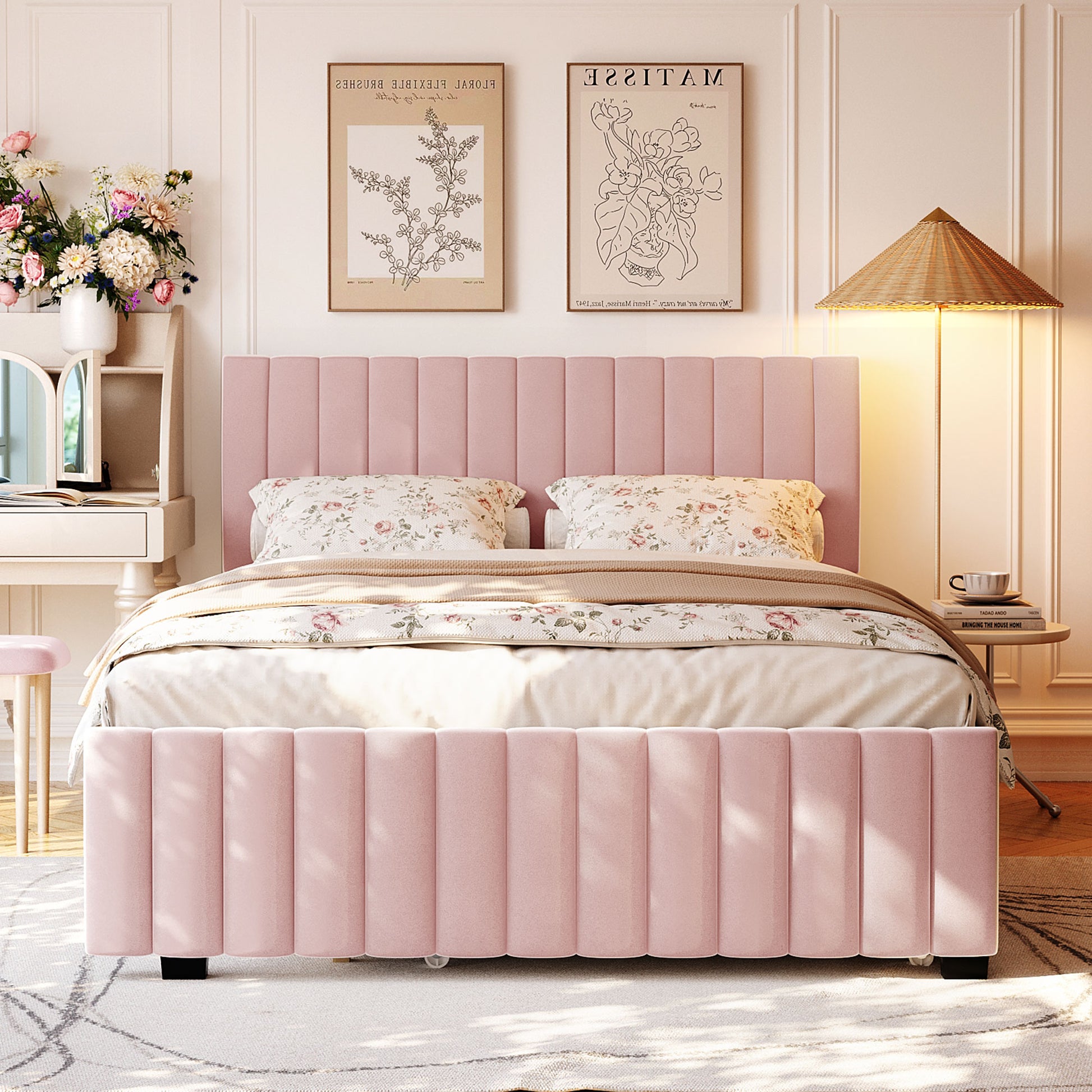 Queen Size Velvet Upholstered Platform Bed with Twin XL Size Trundle, Pink image 2