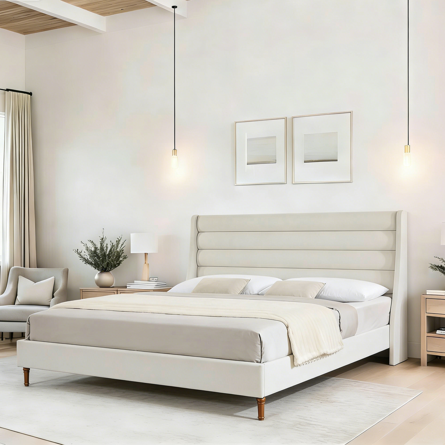 King Size Bed Frame High Headboard Upholstered Platform Bed with Wave - Shaped Headboard, Premium Chenille Fabric, Modern Minimalist Platform Bed No Box Spring Needed, Easy Assembly, Ivory image 2