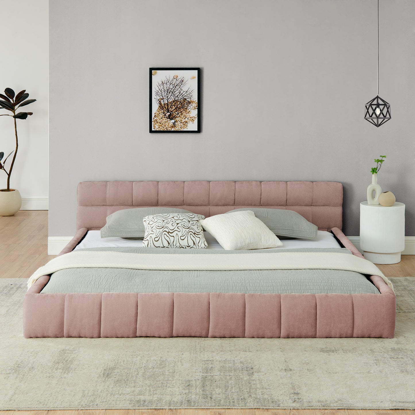 King size Upholstered Bed Frame with Thick Fabric, Chenille Fabric Grounded Queen Size Platform Bed with Headboard and Solid Frame. No Box Spring Needed-Pink(88.5''*85.5''*24'') image 3