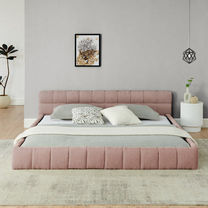 King size Upholstered Bed Frame with Thick Fabric, Chenille Fabric Grounded Queen Size Platform Bed with Headboard and Solid Frame. No Box Spring Needed-Pink(88.5''*85.5''*24'') image 3