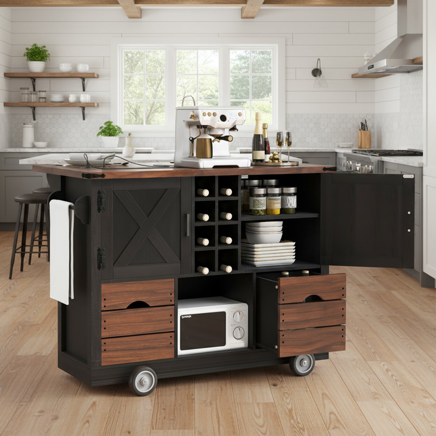 K&K 54" Farmhouse Kitchen Island with Drop Leaf, Power Outlet, Kitchen Storage Cart with 2 Doors, 2 Drawers, Rolling Kitchen Island on 4 Large Wheels with Spice Rack for Kitchen, Dining Room, Black image 1