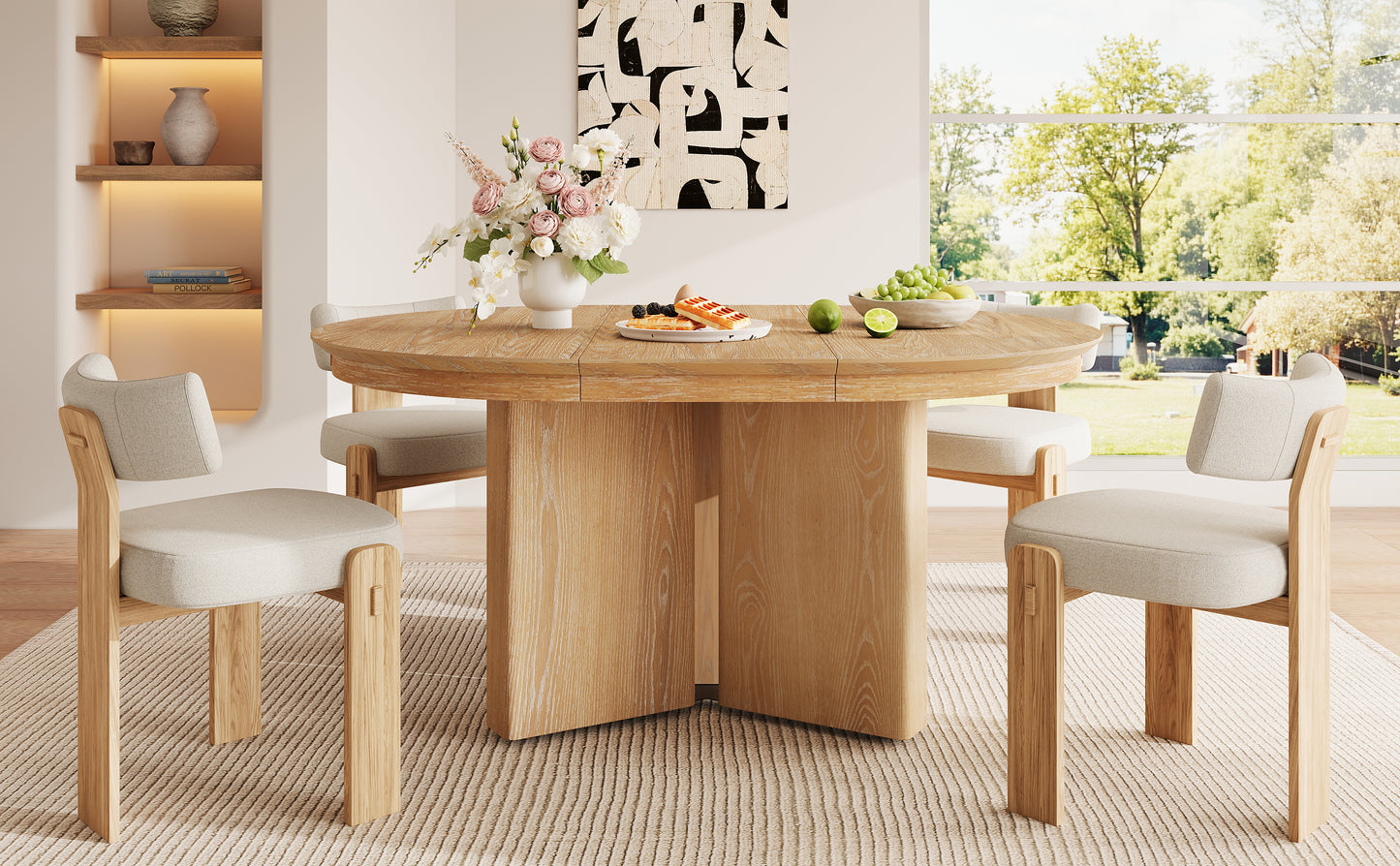 TREXM Oval Extendable Dining Table, Modern Farmhouse Kitchen Table with Pedestal Base and Adjustable Foot Pads for Dining Room, Kitchen (Natural) image 3