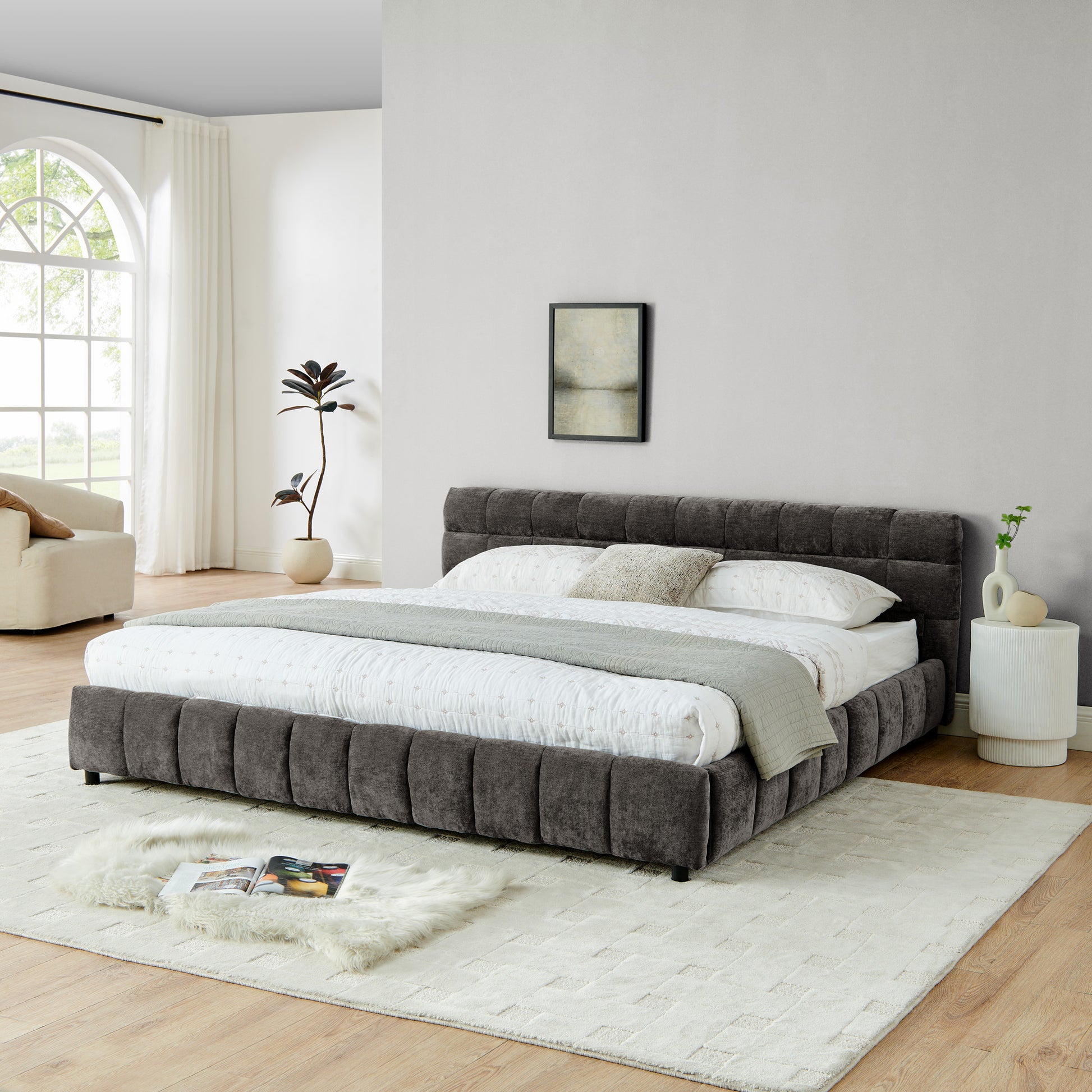 King Size Upholstered Bed,comfortable upholstered bed frame, Chenille fabric, with headboard and solid bed frame. With drawer for storage.-Dark Gray(88.5''*85.5''*31'') image 2