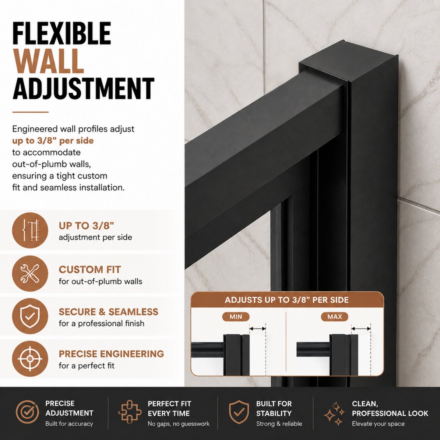 Semi-Frameless Pivot Hinged Glass Shower Door 44-48 in. W x 72 in. H,1/4" (6mm) Tempered Glass, Matte Black Finish, Reversible Glass Shower Door image 6