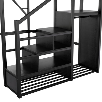 Queen Size Loft Bed with Stairs, Metal Queen Loft Bed with Storage Shelves, High Loft Bed with Wardrobe for Kids Teens Adults, Black(Old skuW2580S00038) image 11