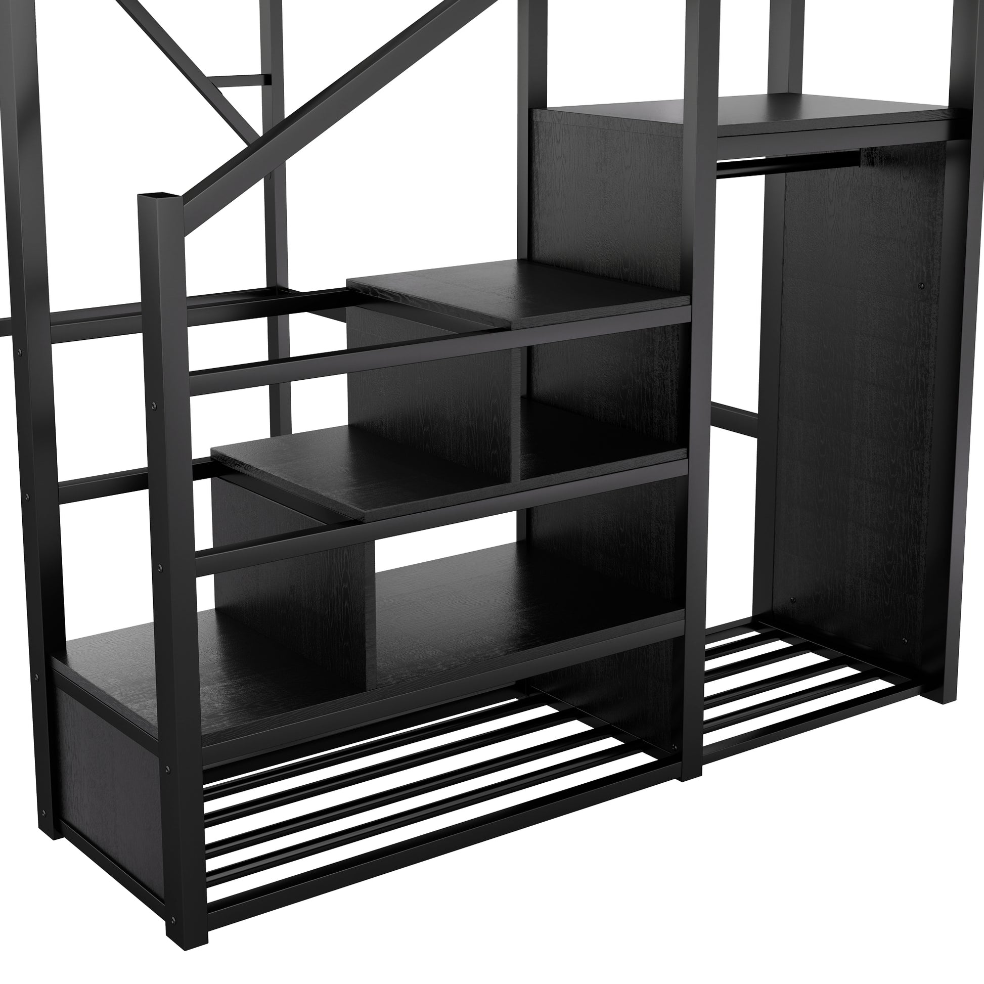Queen Size Loft Bed with Stairs, Metal Queen Loft Bed with Storage Shelves, High Loft Bed with Wardrobe for Kids Teens Adults, Black image 11