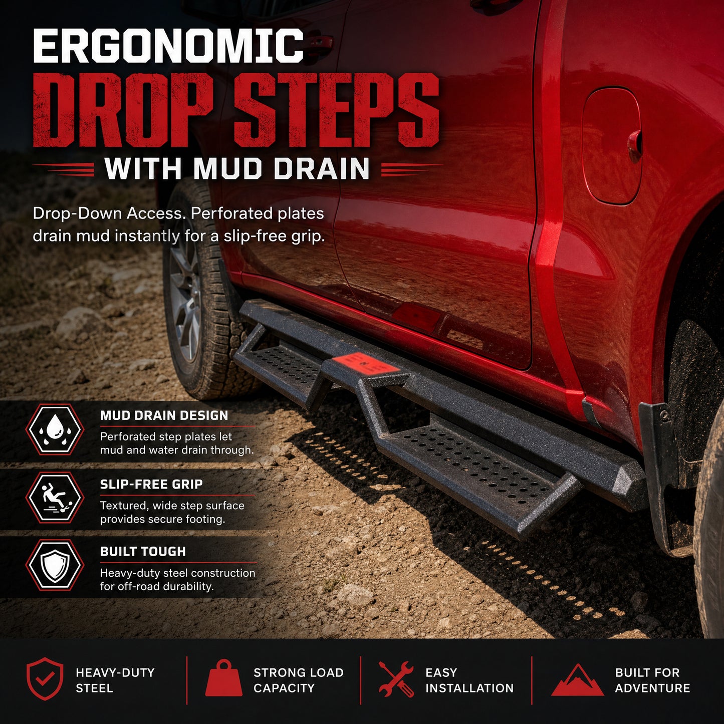 6" Running Boards For 2019-2026 Chevy Silverado 1500 Crew Cab, 2020-2026 Silverado/Sierra 2500HD 3500HD Crew Cab, Two Stairs Design Nerf Bars Step Bars Hexagonal style image 7