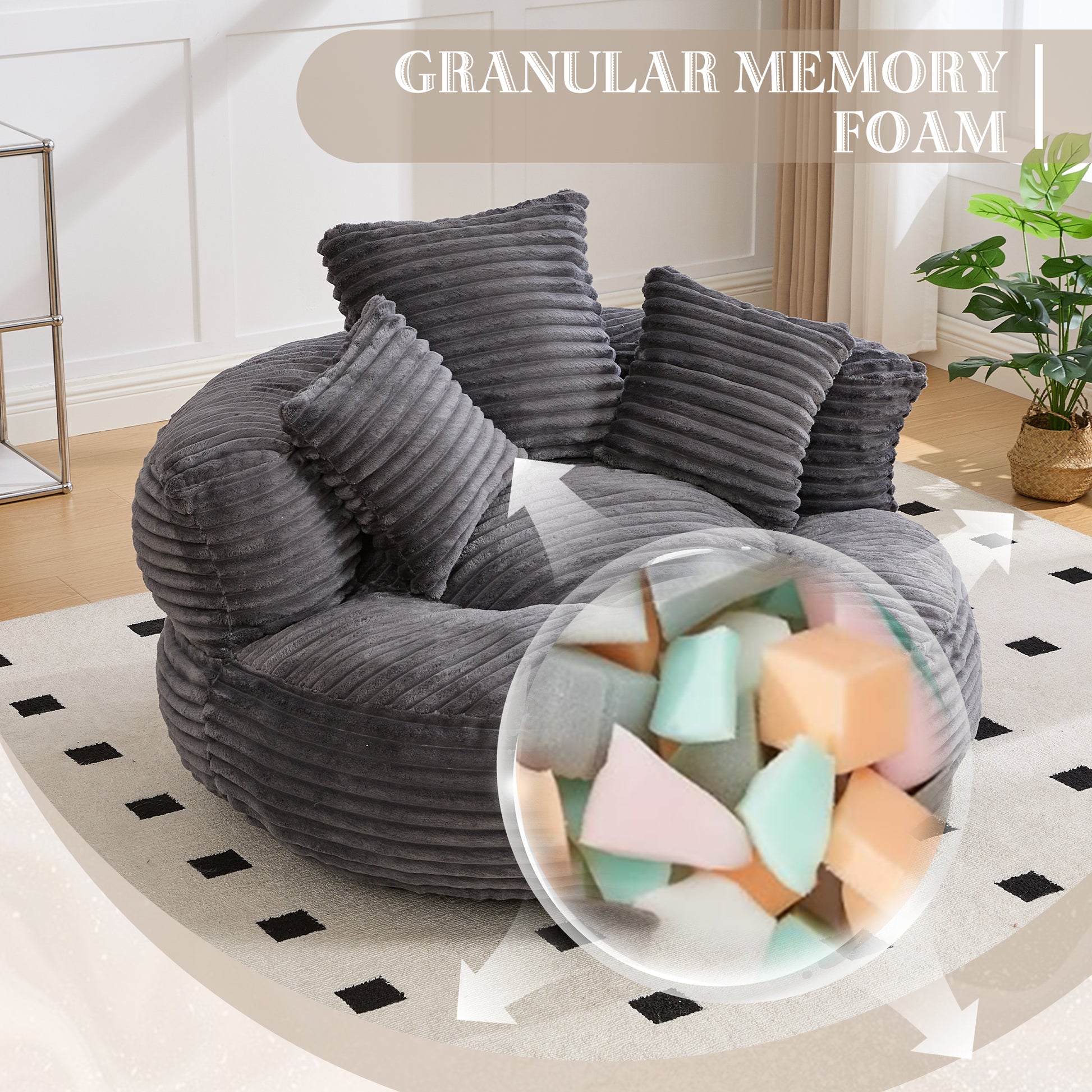 Bean Bag Chairs, Bean Bag Sofa for Adults, Kids,Oversized Corduroy Bean Bag Chair with 3 Pillows & Armrest,Beanbag Chair & Lazy Sofa with Foam Filler for Bedroom Living Room Dorm image 2