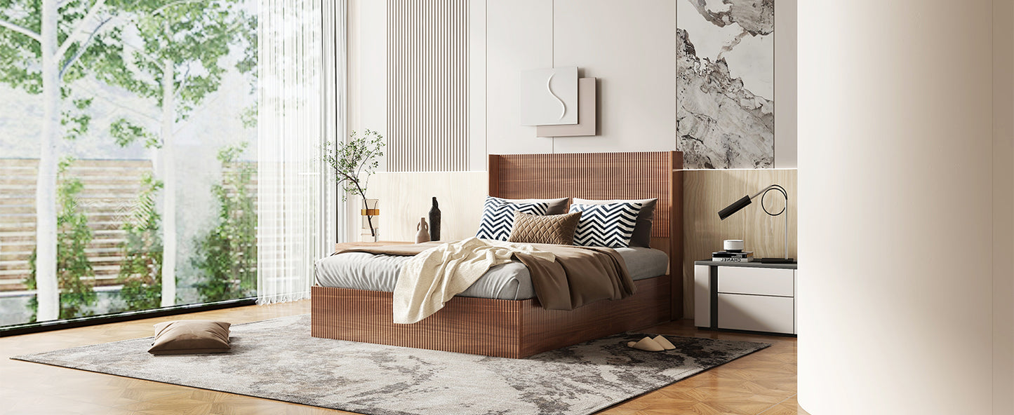 (Queen size) bed frame with a grooved and undulating lifting storage function, featuring a lifting storage feature, safe and beautiful / without noise, a wooden slat platform bed frame in a natural image 5