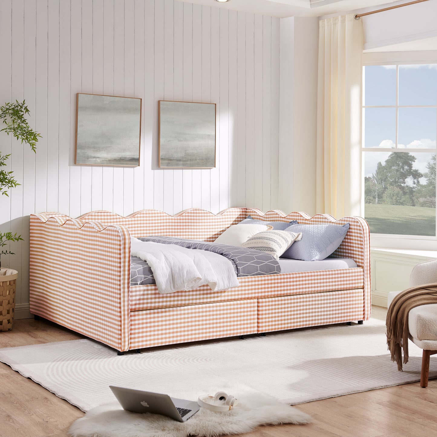 Queen Size Cozy Gingham Daybed with Two Storage Drawers, with USB Port and Adorable Wave Shaped, Linen Fabric image 1