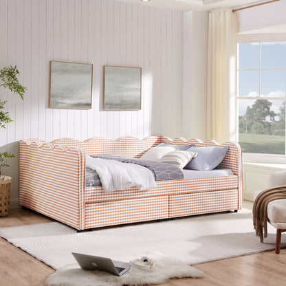Queen Size Cozy Gingham Daybed with Two Storage Drawers, with USB Port and Adorable Wave Shaped, Linen Fabric image 1