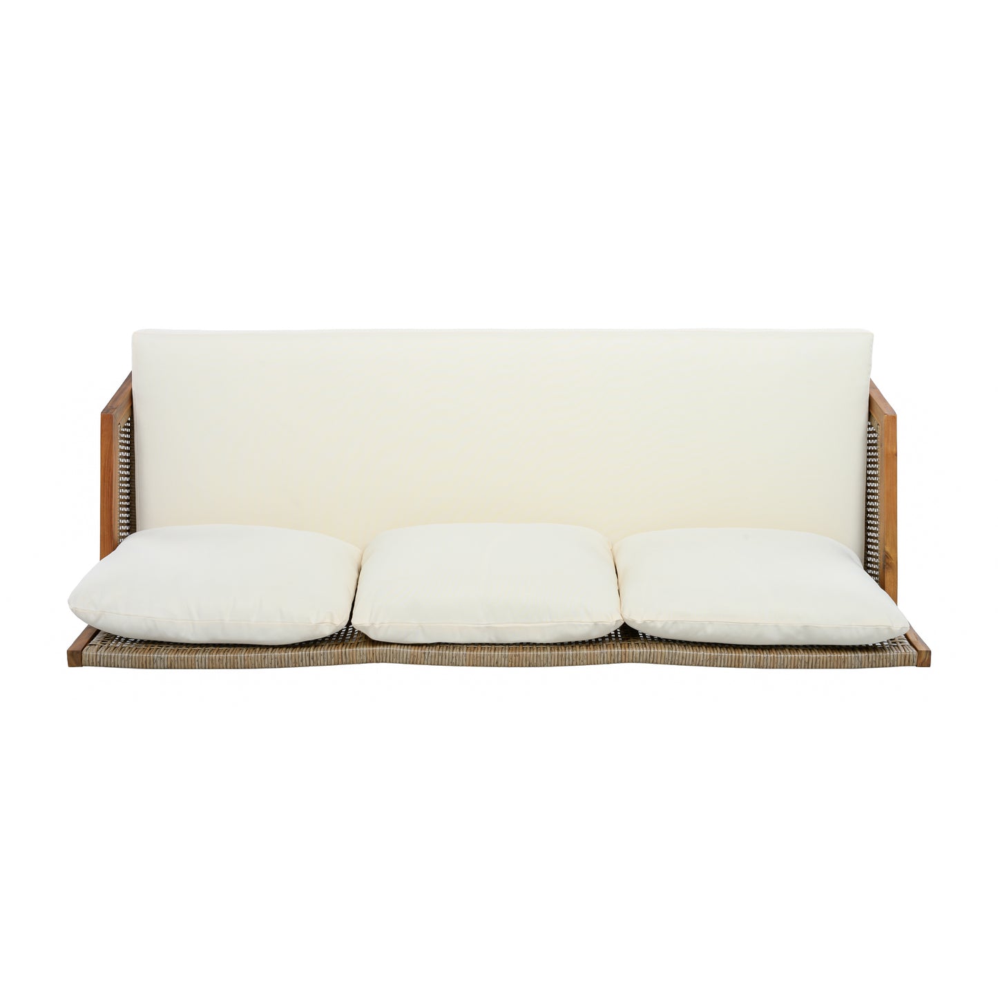 3 Piece Acacia Wood Patio Furniture Set, Outdoor Wicker Furniture Sectional Sofa Set with Coffee Table, 4 Seats Sofa Deep Seating with Soft Cushions for Garden, Backyard, Teak & Mix Brown & Cream image 9