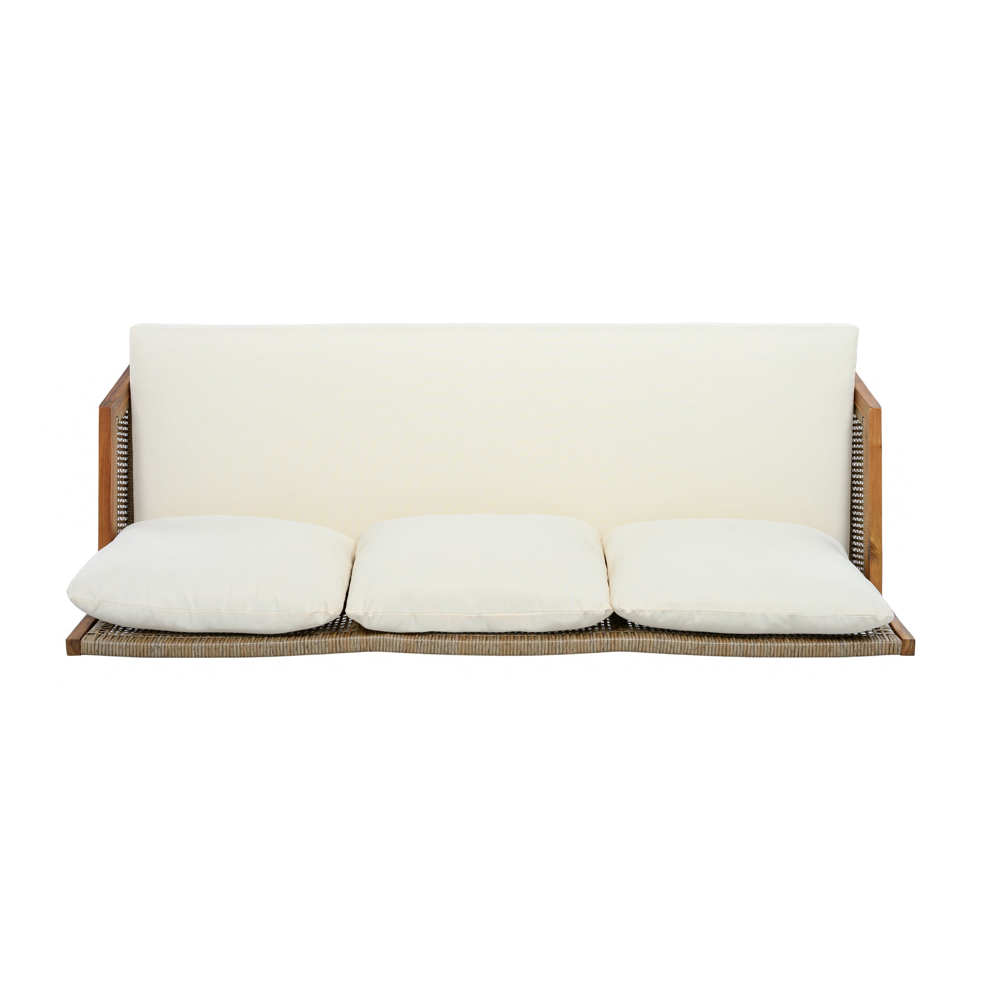 3 Piece Acacia Wood Patio Furniture Set, Outdoor Wicker Furniture Sectional Sofa Set with Coffee Table, 4 Seats Sofa Deep Seating with Soft Cushions for Garden, Backyard, Teak & Mix Brown & Cream image 9