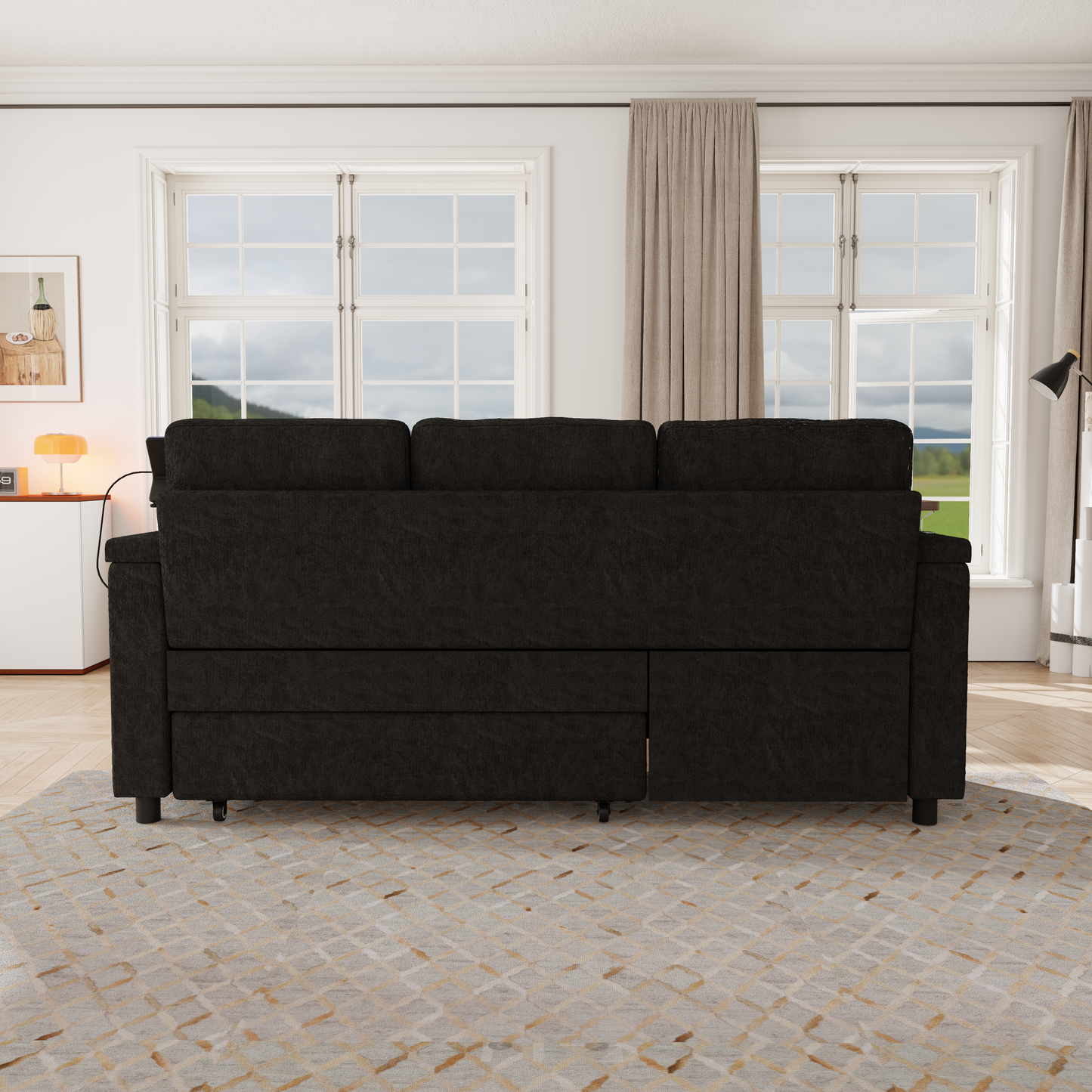 83-inch 3-in-1 foldable three-person sofa bed with a table board and USB ports, armrests with storage function. High-quality chenille three-person sofa. The sofa bed features adjustable backrest and p image 10