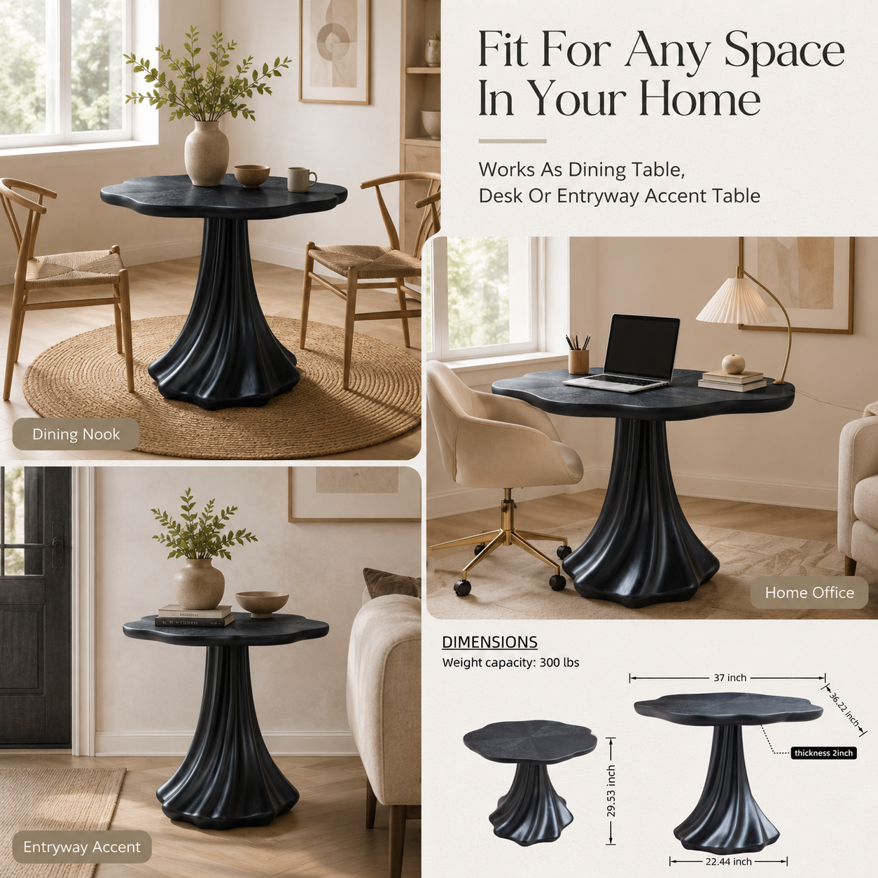 37" Black Sculptural Petal Dining Table – Modern Minimalist Dining Table, Seats 2-4 image 6
