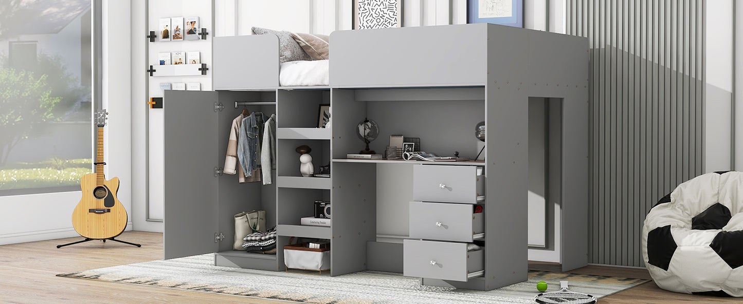 Wood Full Size Loft Bed with Built-in Wardrobe, Desk, Storage Shelves and Drawers, Grey image 7