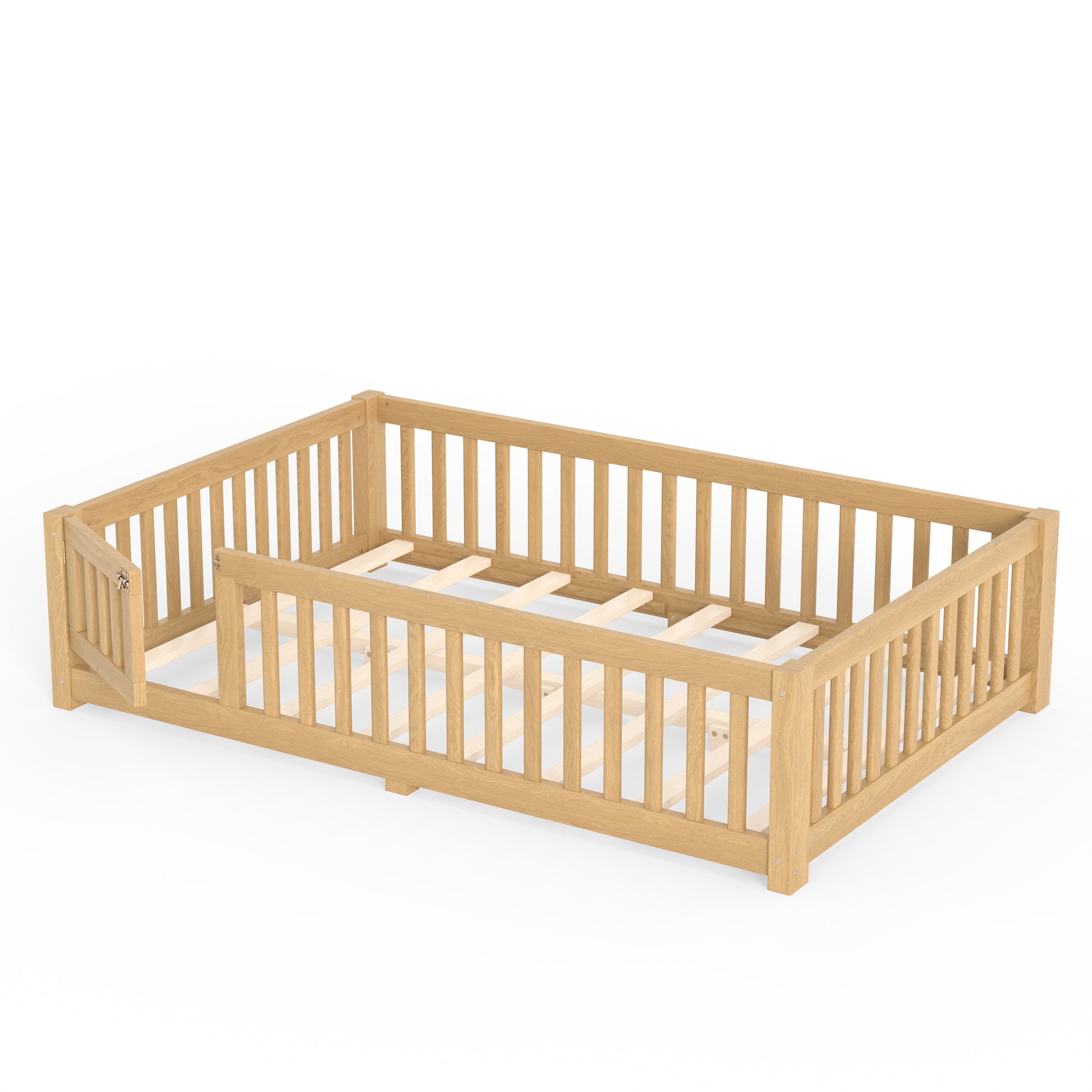 Full Size Bed Floor Bed with Safety Guardrails and Door for Kids, Natural image 10