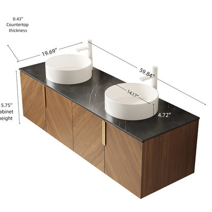 ARAI 60" Bathroom Vanity with Sinks, Floating Wall-Mounted Plywood Bathroom Storage Cabinet with 4 Doors, 2 White Round Ceramic Basins and Black Sintered Stone Countertop, Brown Oak Woodgrain Color image 5