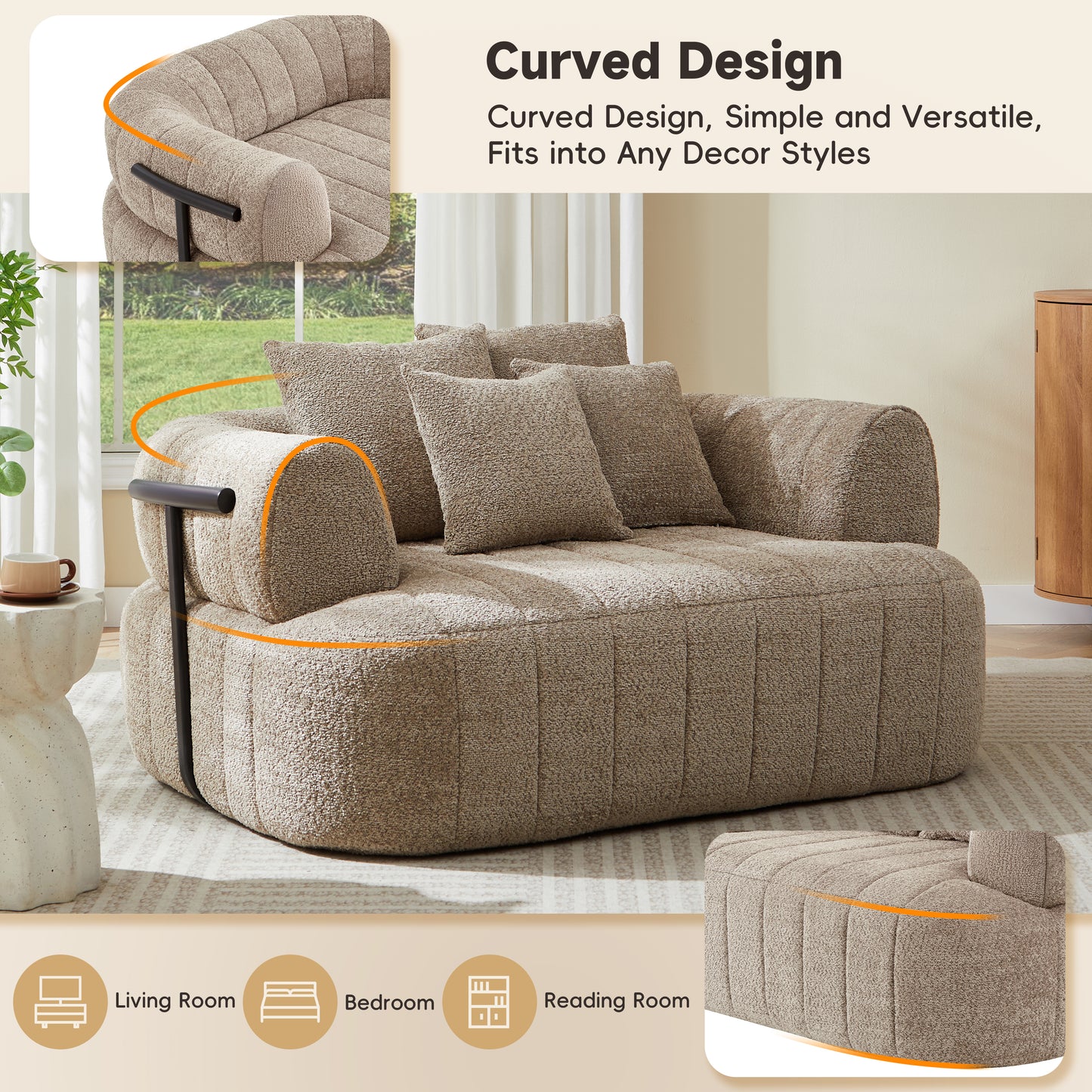 64" Oversized Boneless Chair Chaise Lounge Indoor with Metal Support, Upholstered Boucle Deep Seat Single Cloud Sofa Chair, Cozy Comfy Sofa Bed for Living Room & Bedroom image 10